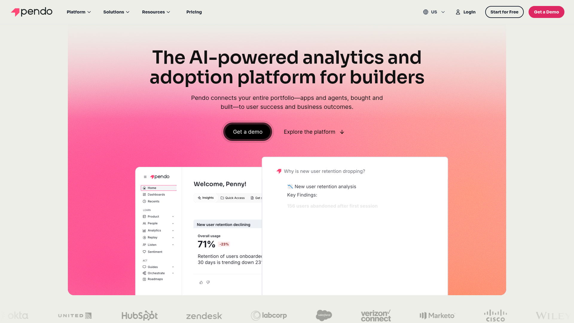 Pendo product experience platform for in-app guidance and analytics