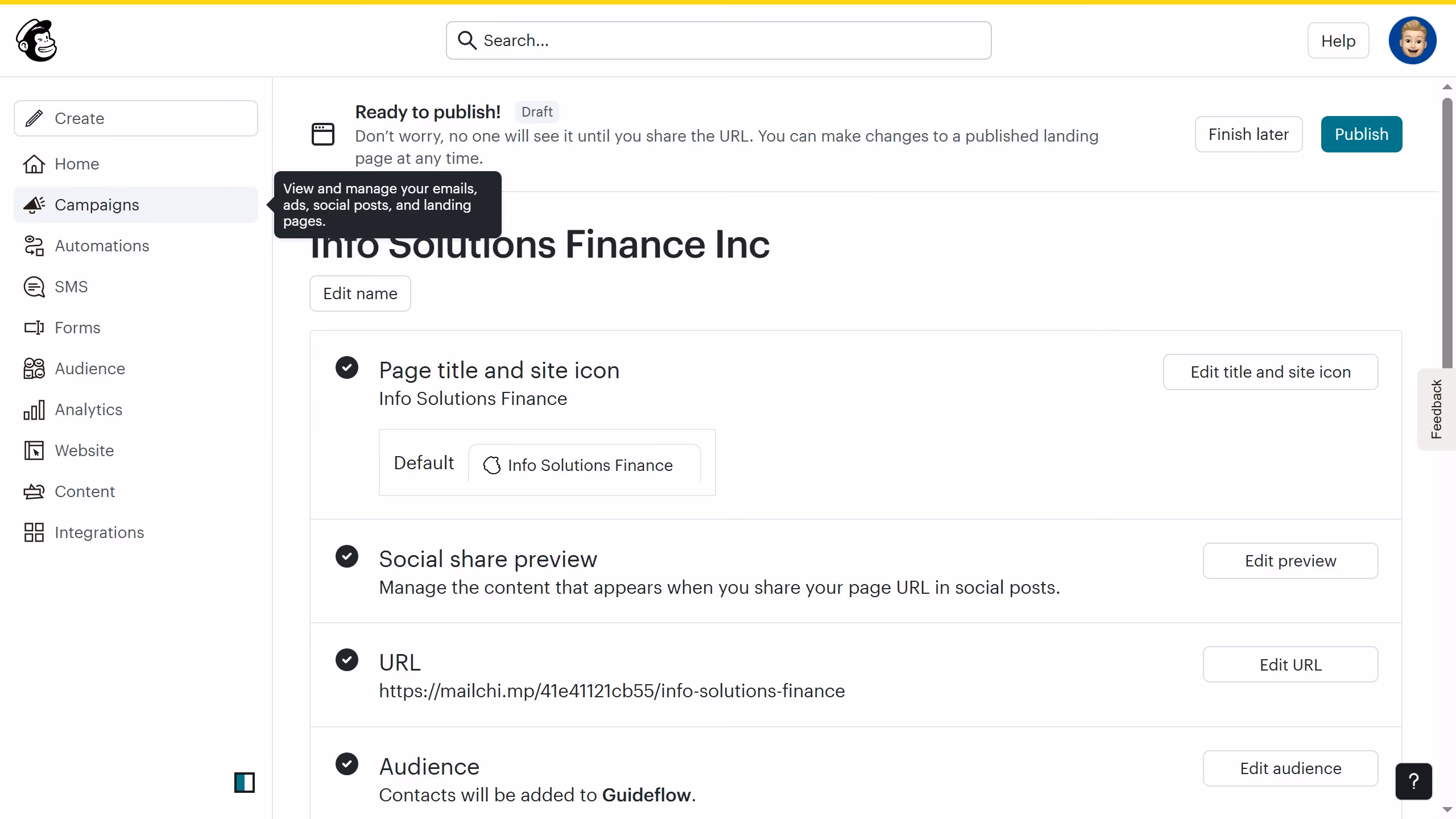 How to manage box shadow color in a landing page in Mailchimp