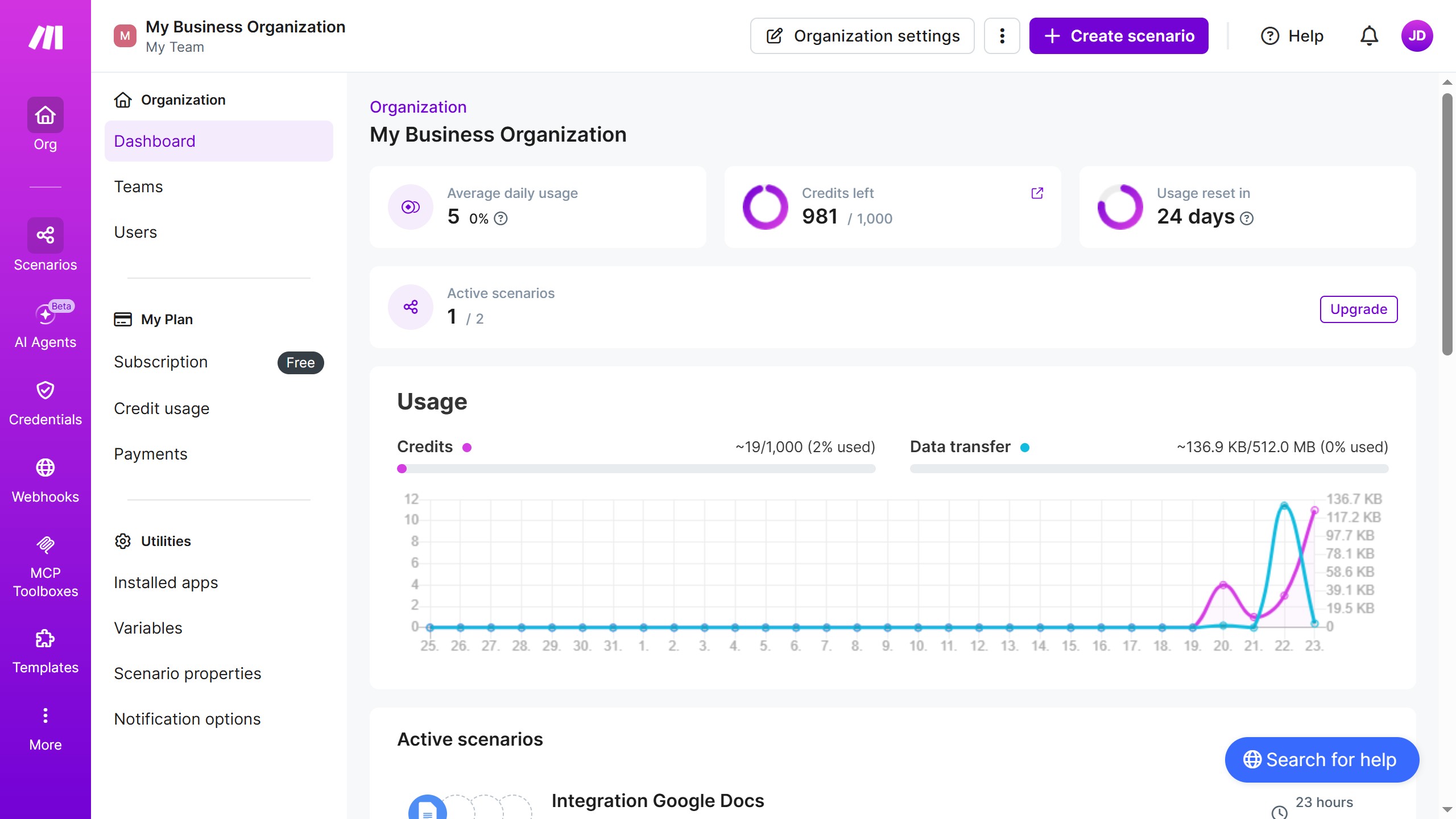 How to manage daily running schedule for a  Google Docs scenario in Make