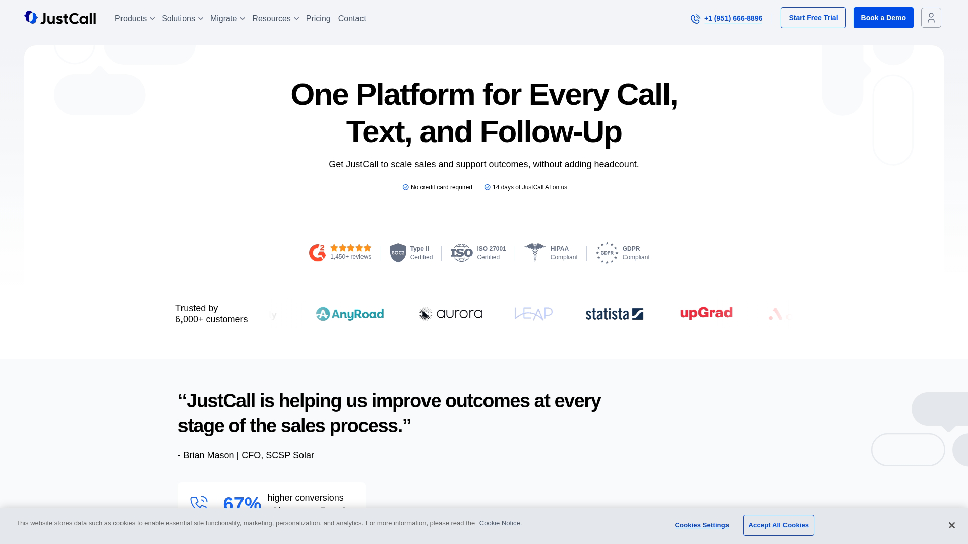 JustCall homepage screenshot