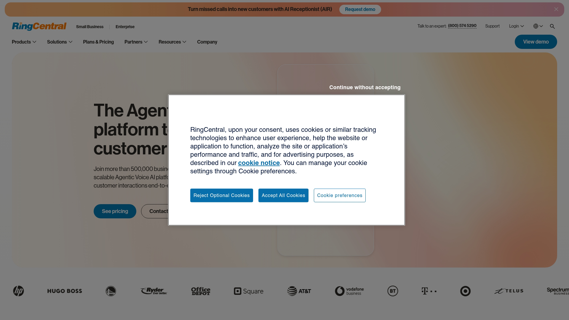 RingCentral homepage screenshot