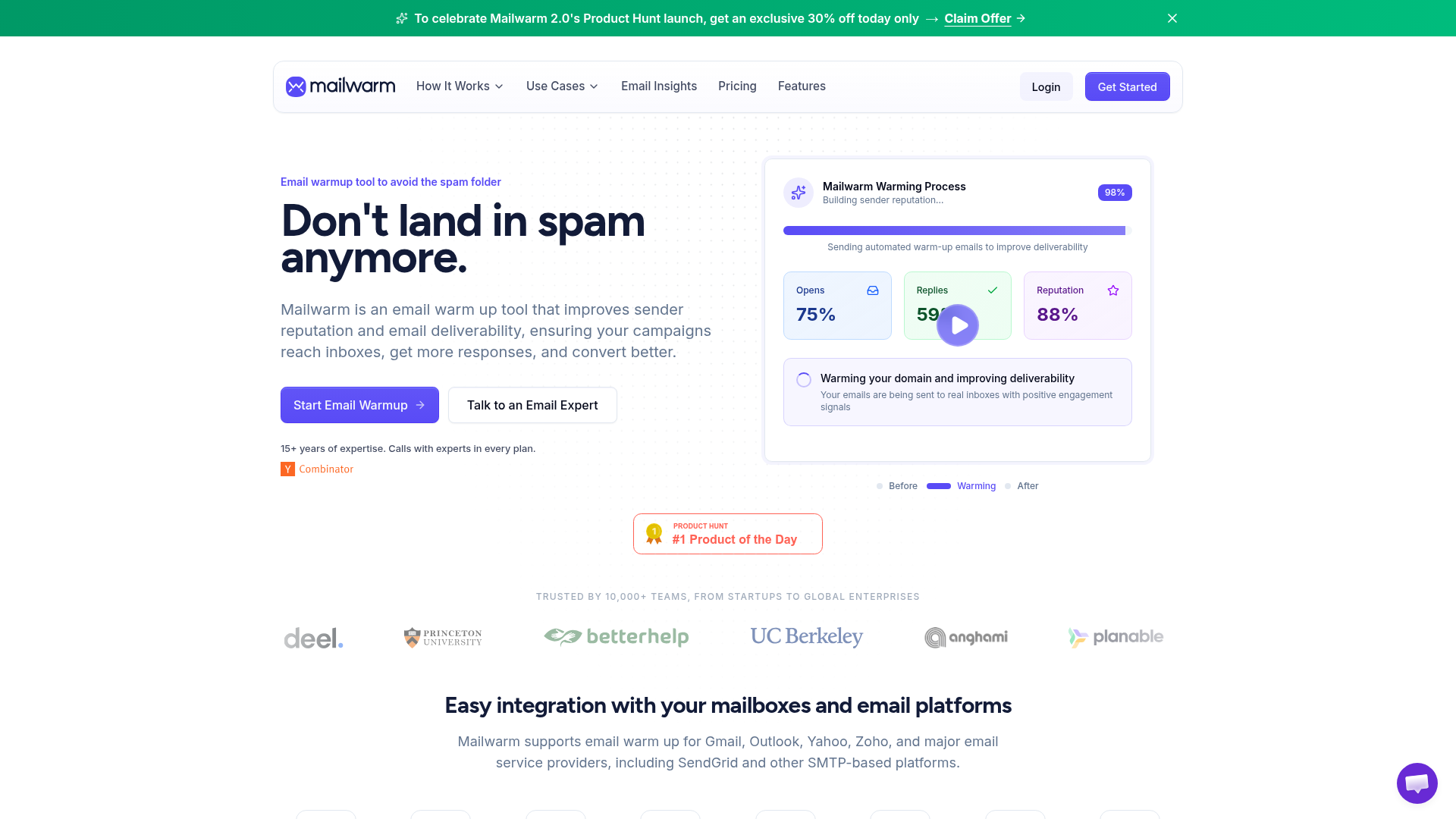 Mailwarm homepage showing email warm up tool