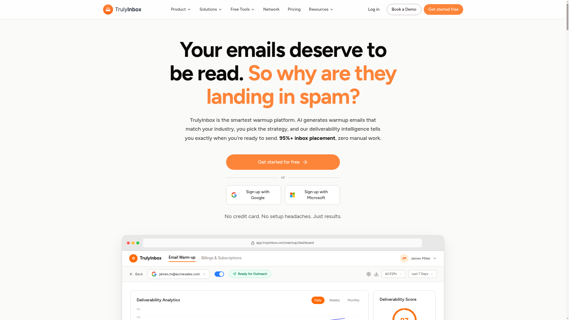 TrulyInbox homepage showing email warm-up tool