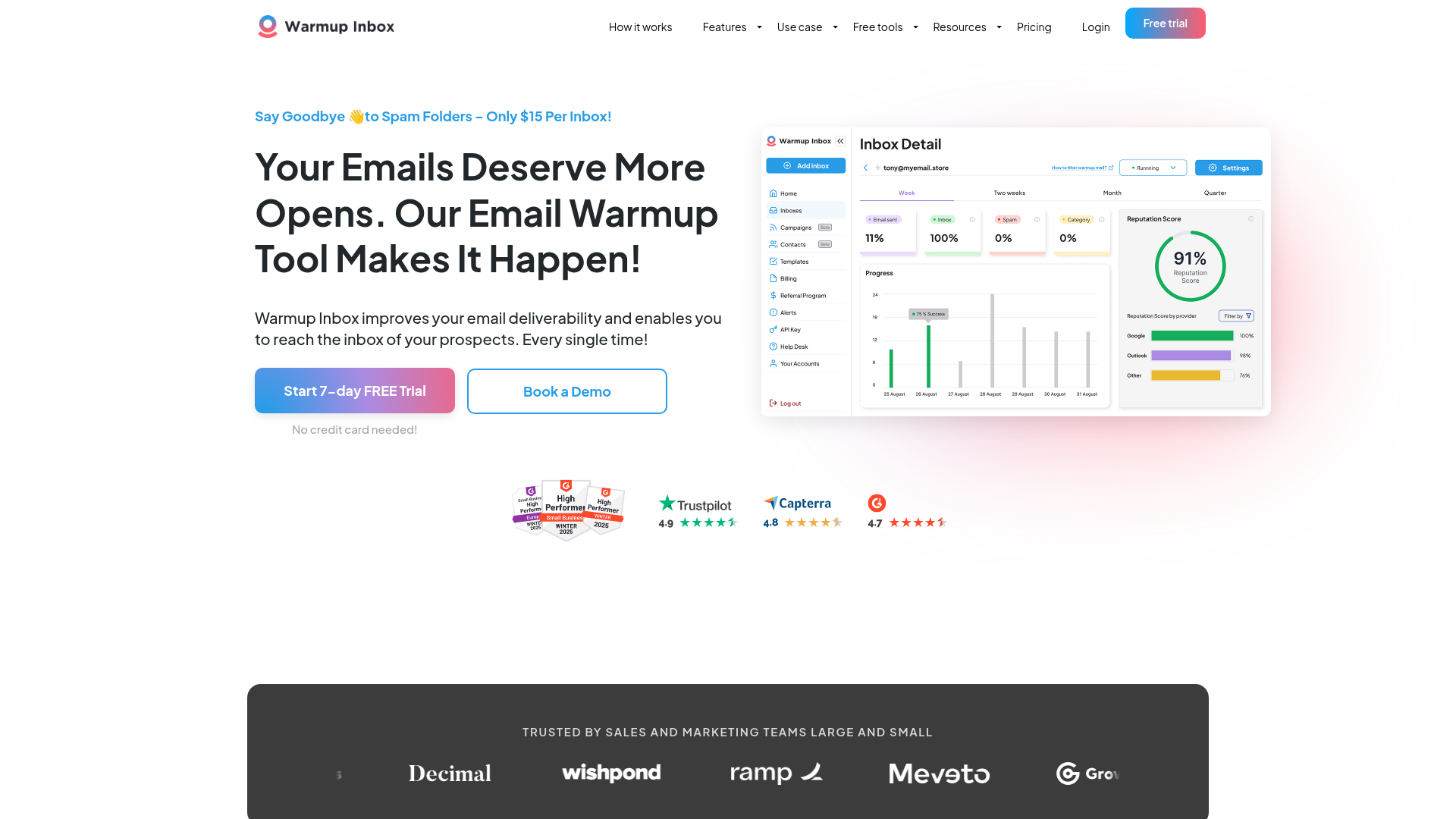 Warmup Inbox homepage showing email warmup dashboard