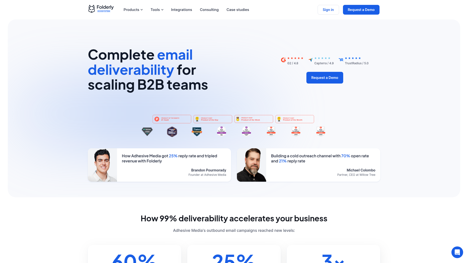 Folderly homepage showing email deliverability platform