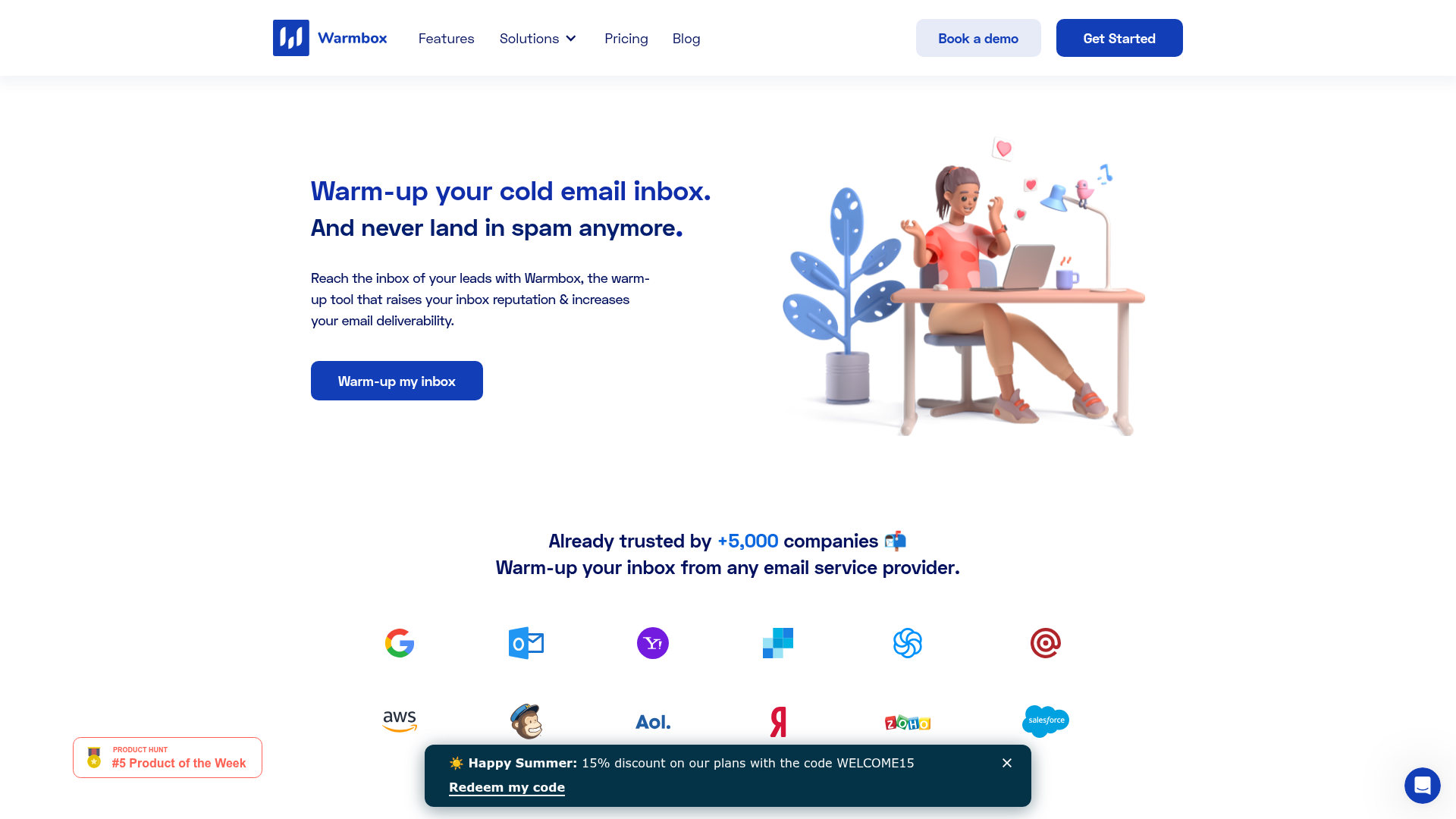 Warmbox homepage showing automated email warmup tool