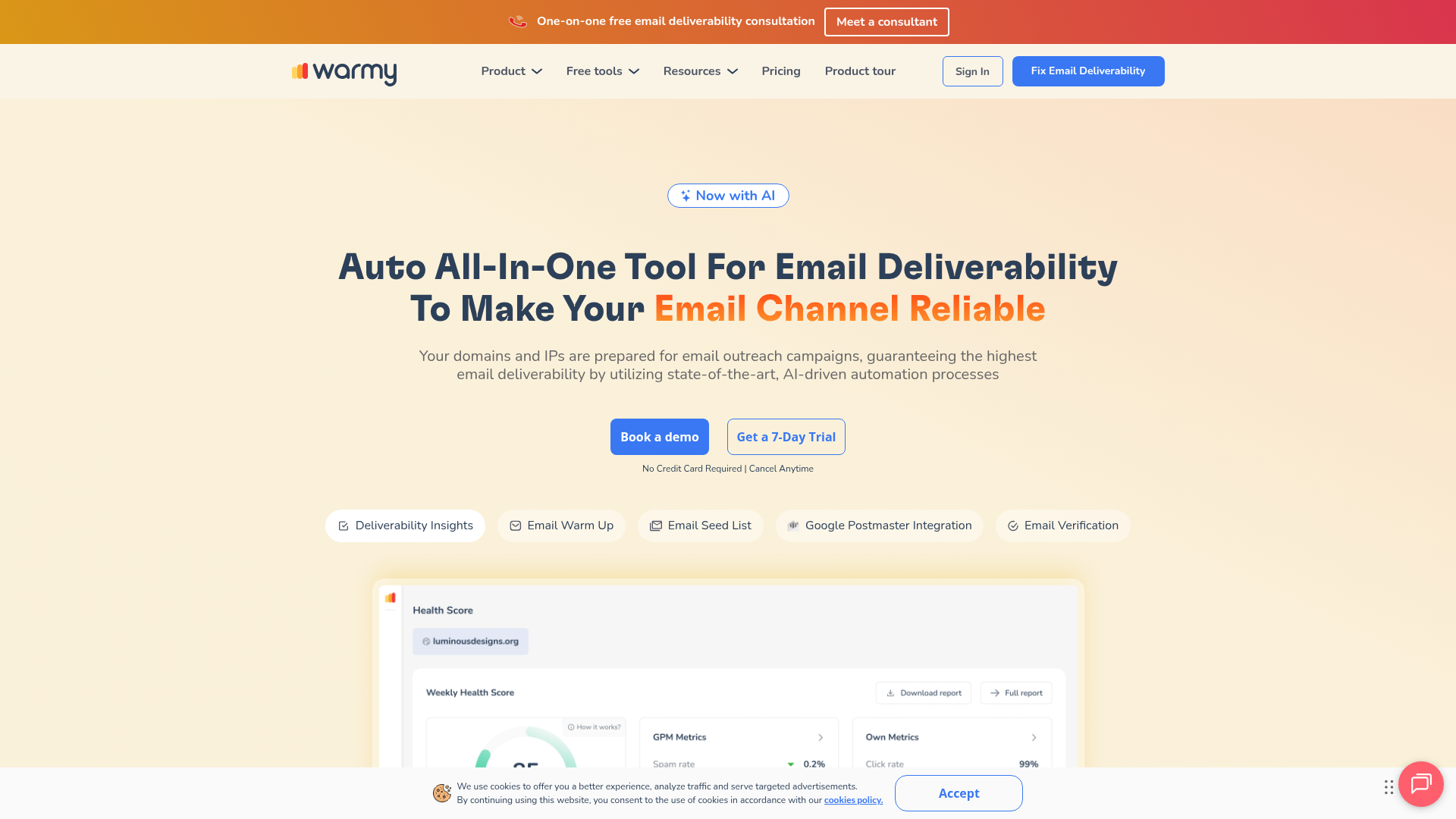 Warmy homepage showing AI-driven email deliverability platform