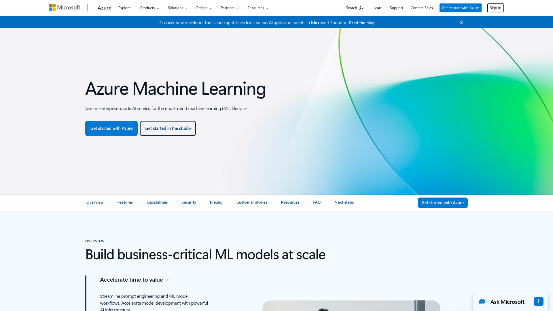 Microsoft Azure Machine Learning homepage