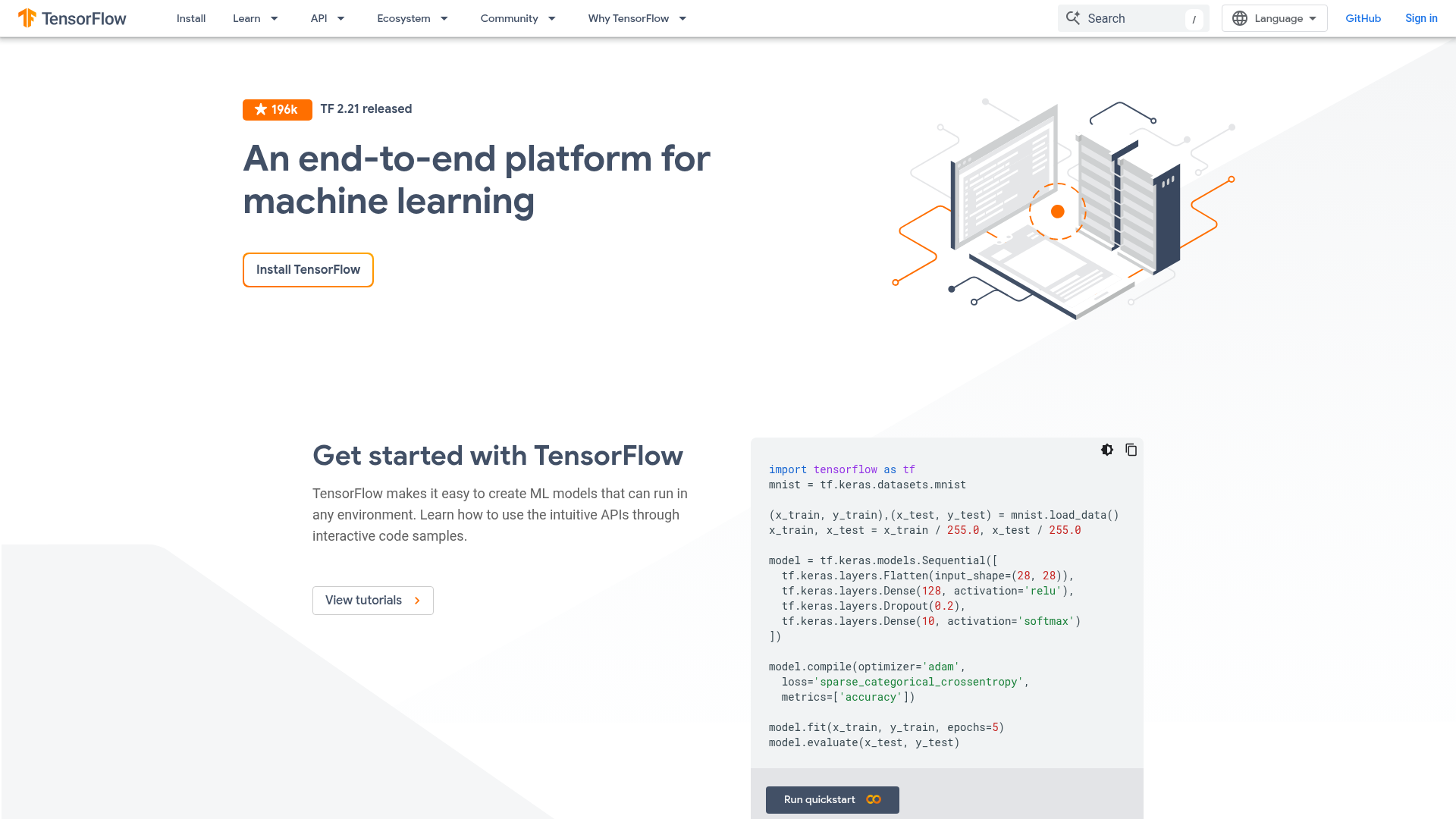 TensorFlow open-source machine learning platform homepage