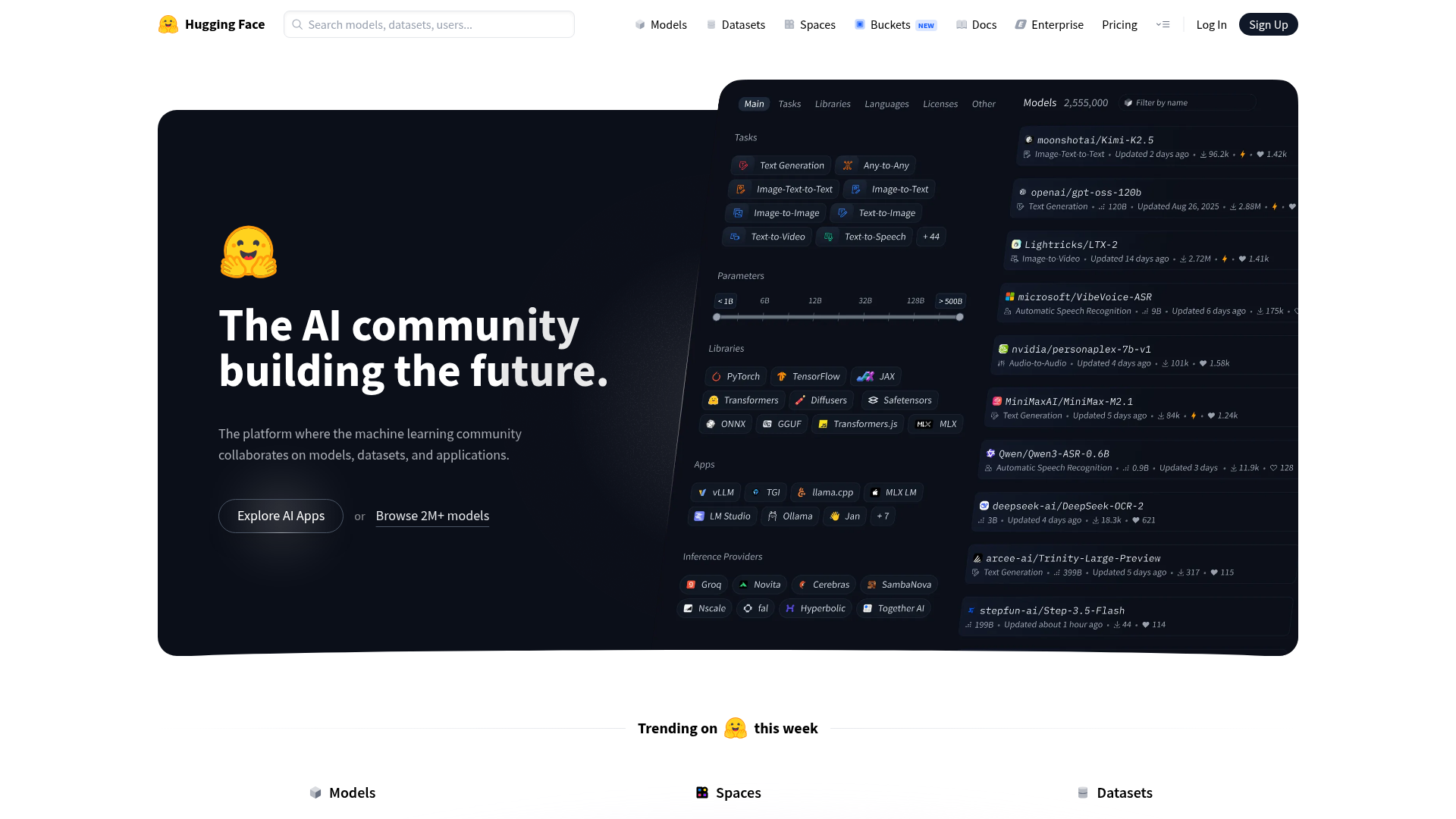 Hugging Face AI platform and model hub homepage