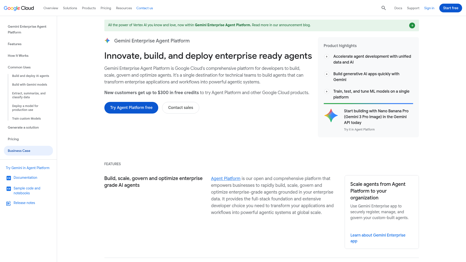 Google Vertex AI Agent Builder homepage