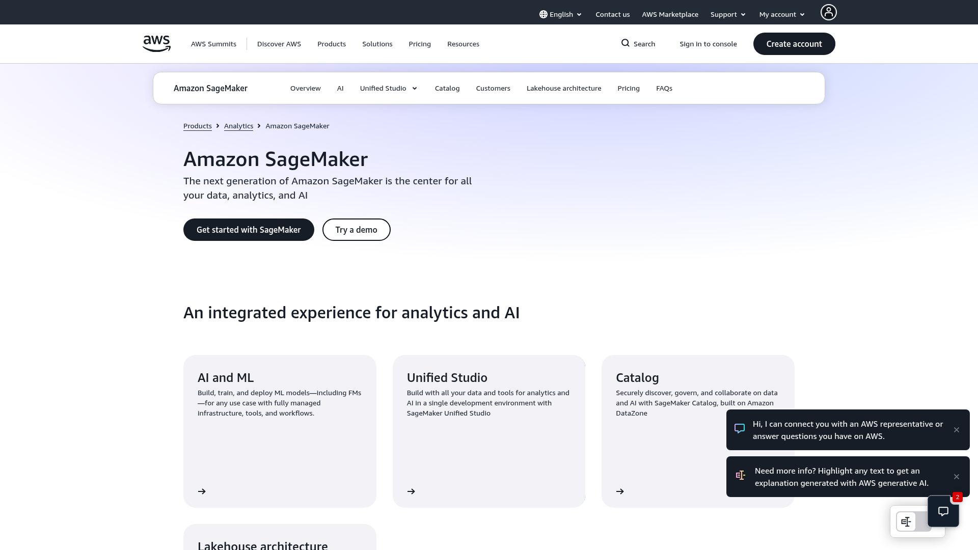 Amazon SageMaker machine learning platform homepage