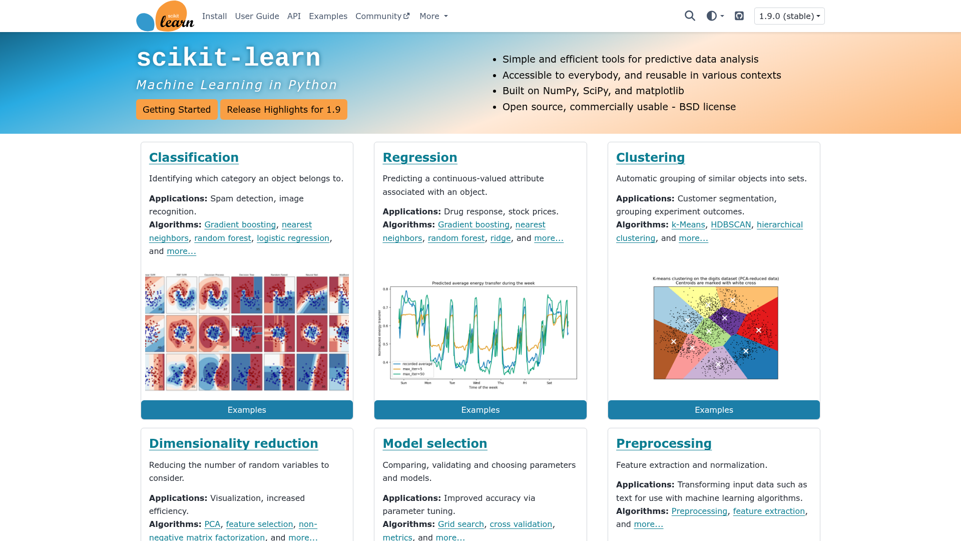 scikit-learn open-source Python machine learning library homepage