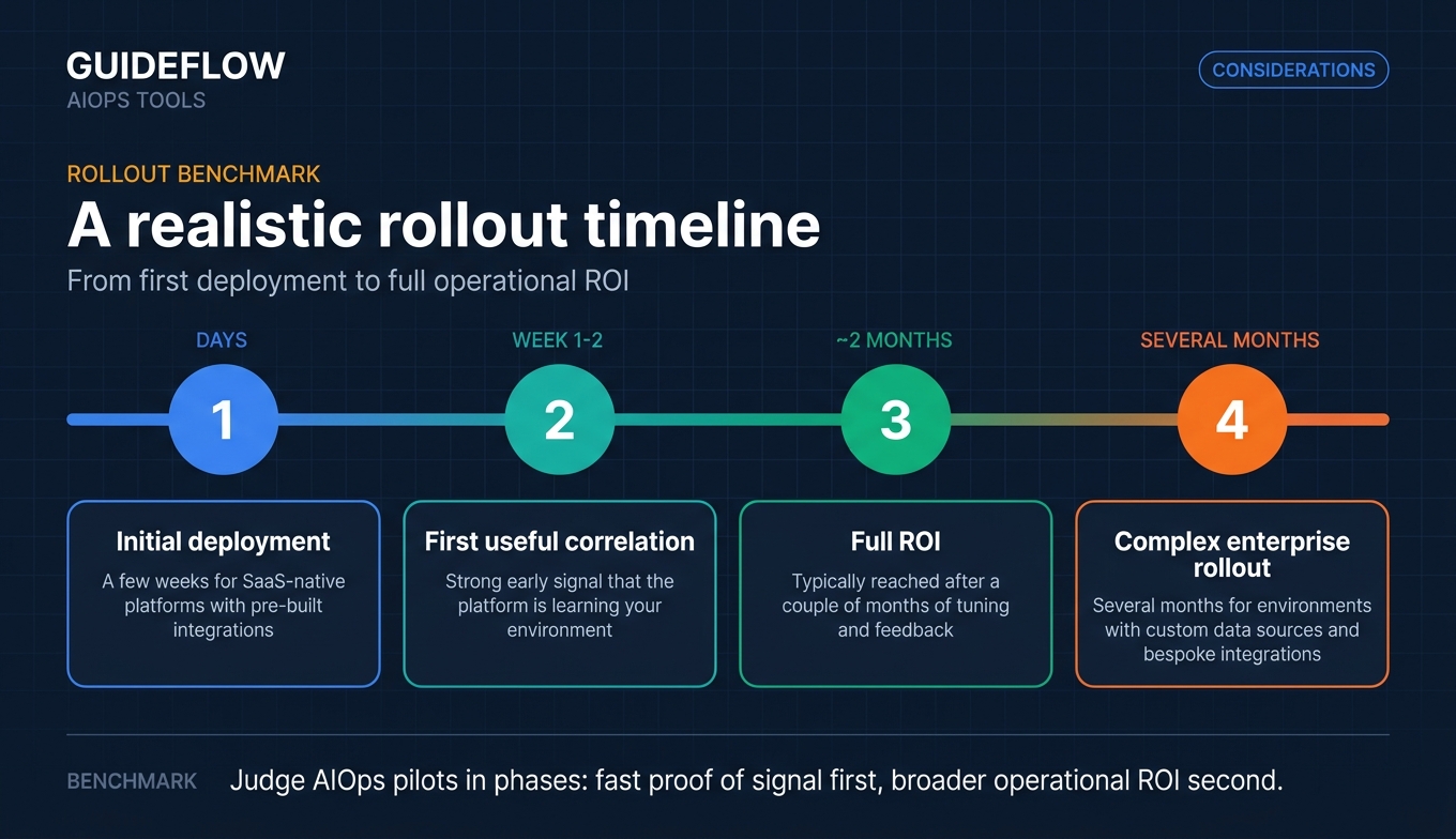 AIOps rollout timeline infographic showing week-one correlation wins to full ROI after months of tuning