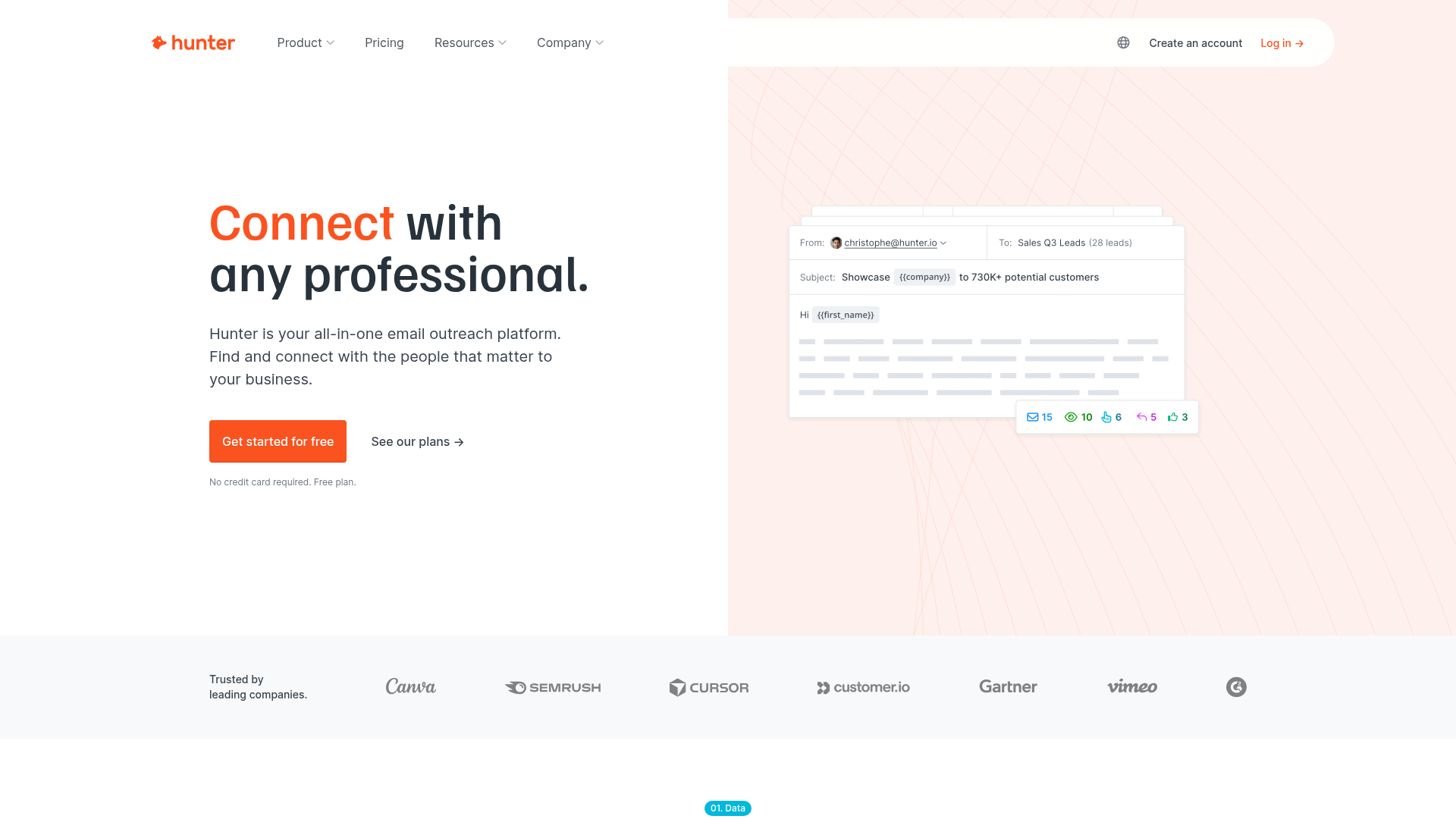 Hunter.io email finder homepage