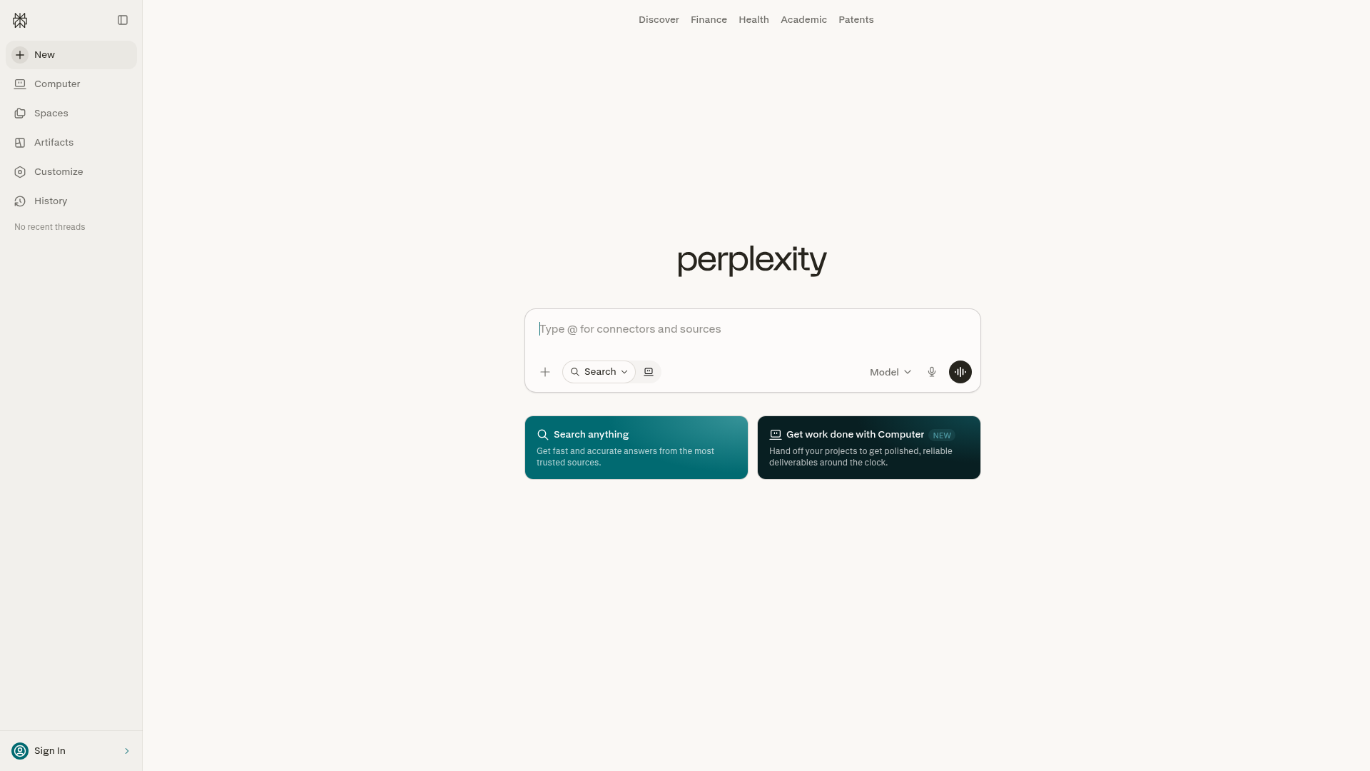 Perplexity AI search engine homepage