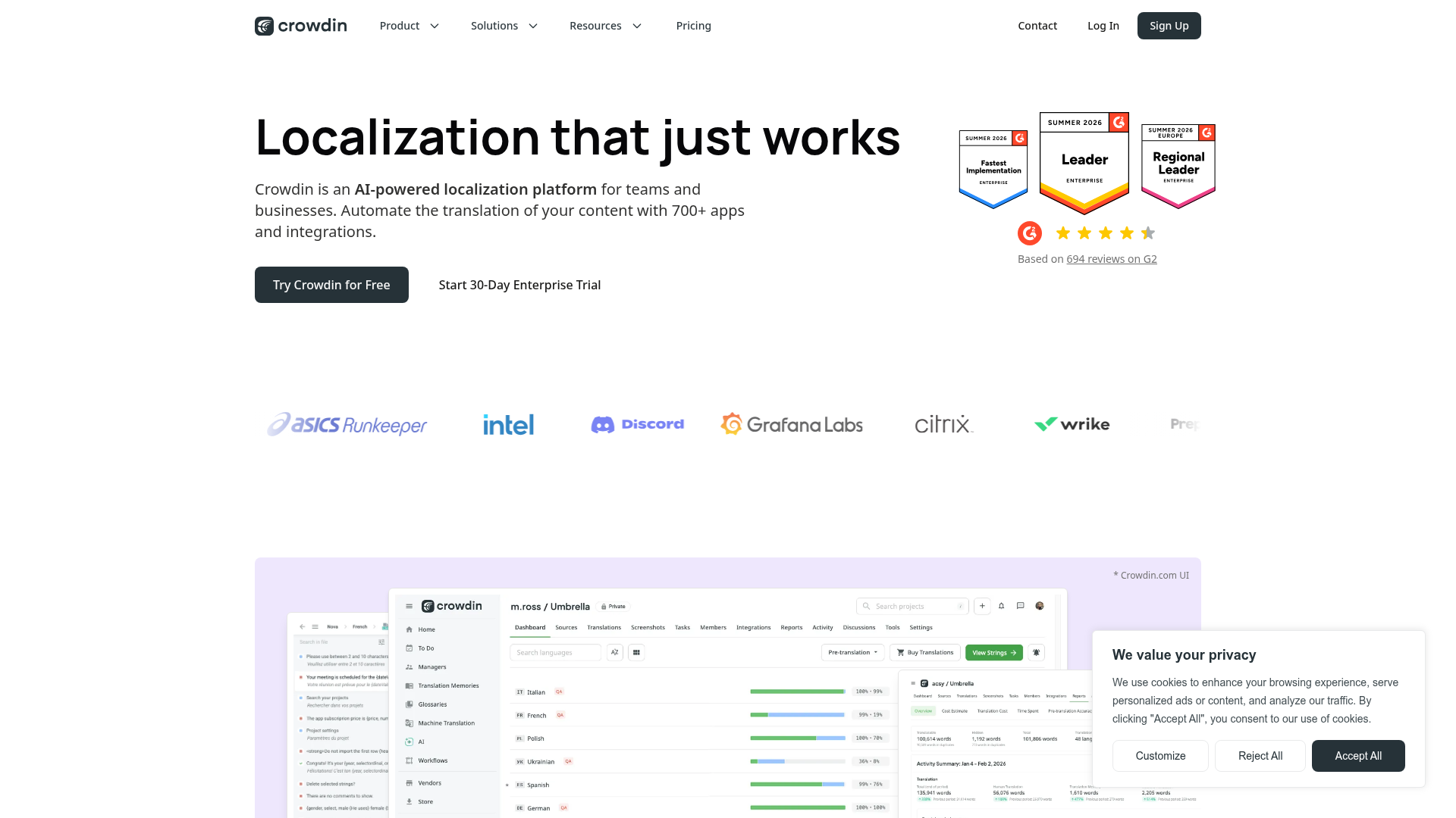 Crowdin localization platform homepage