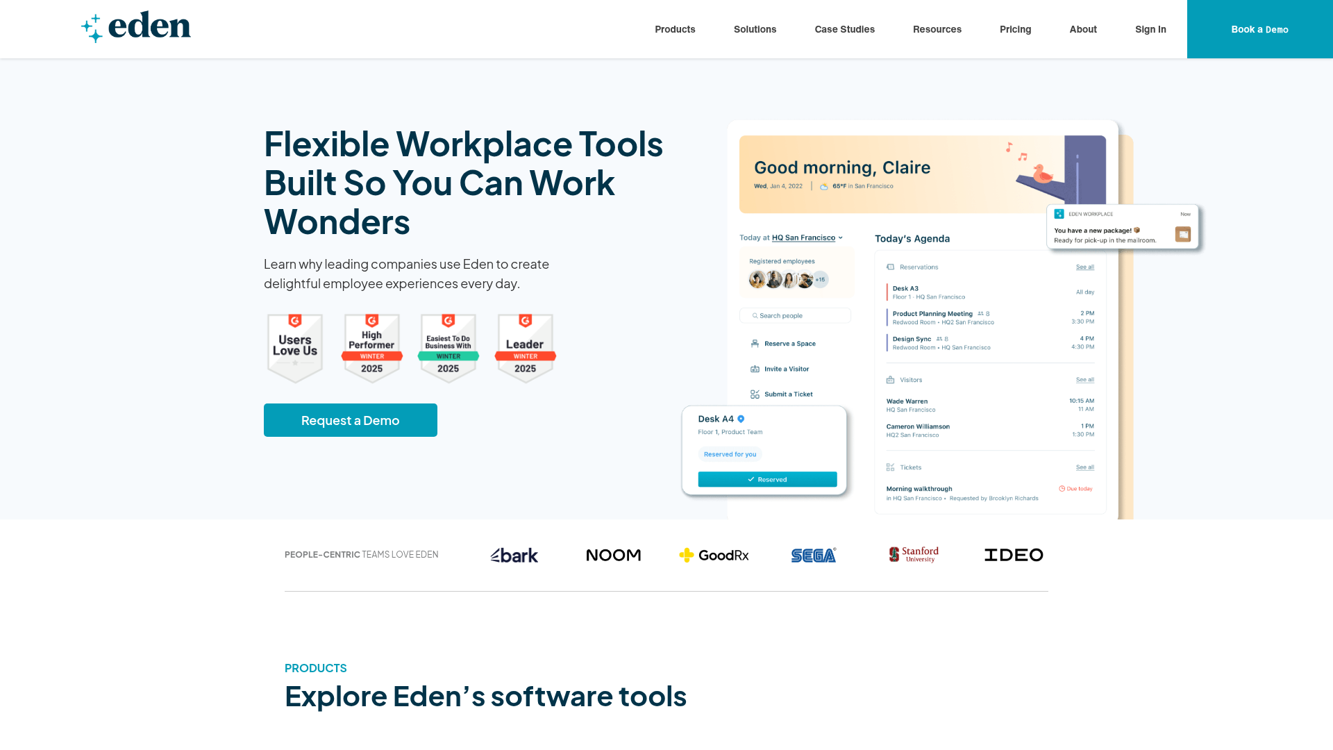 Eden Workplace homepage showing workplace experience platform
