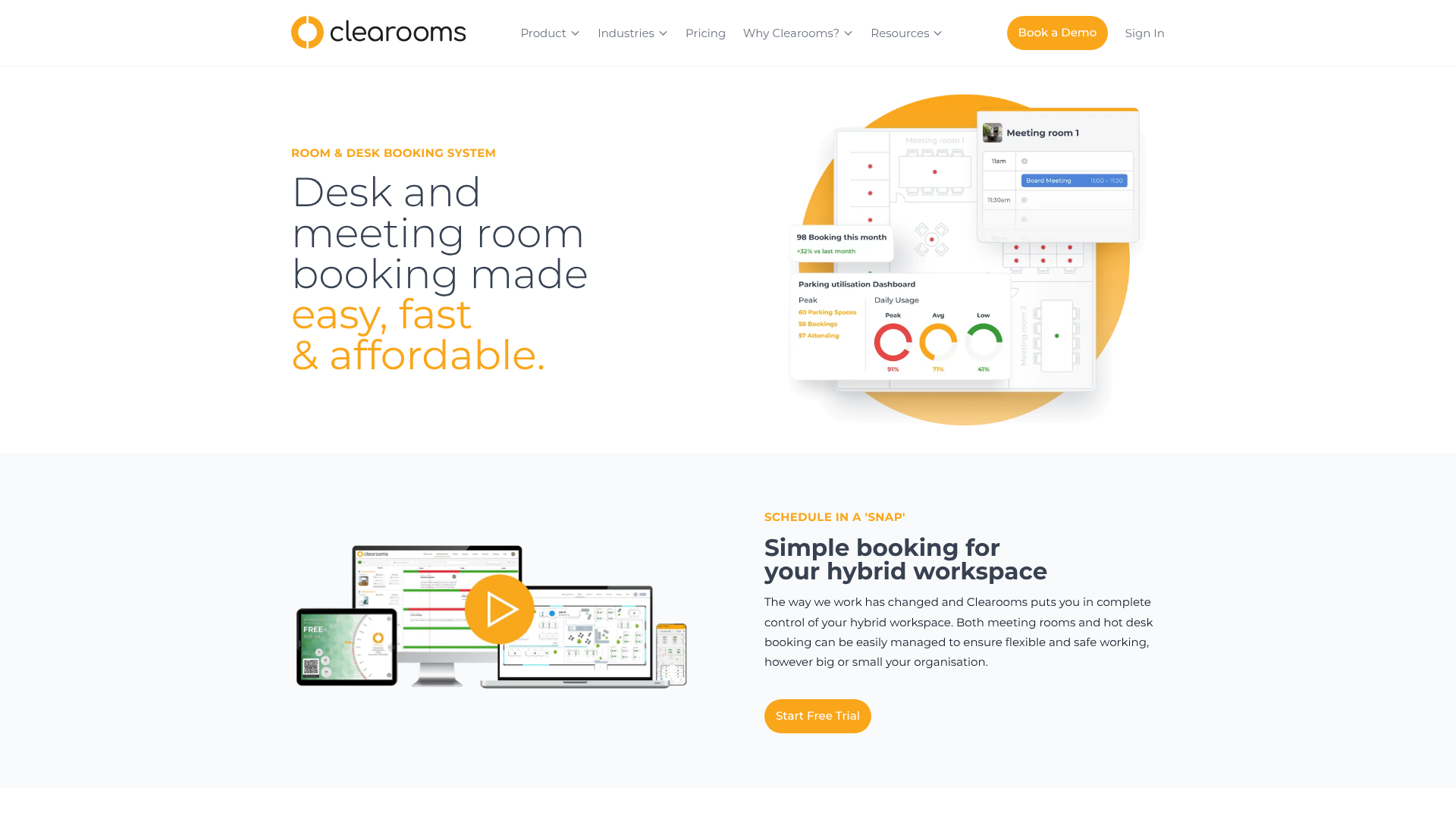 Clearooms homepage showing booking interface