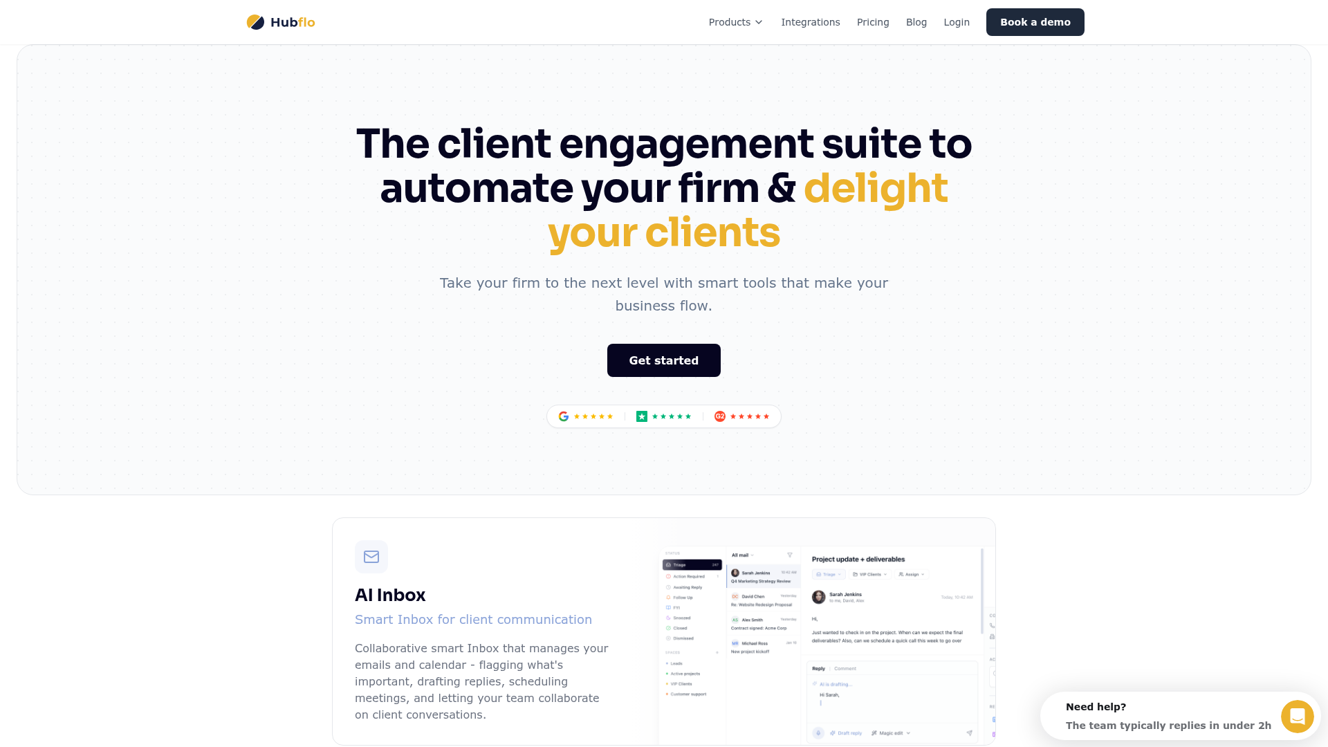 Hubflo client portal homepage screenshot
