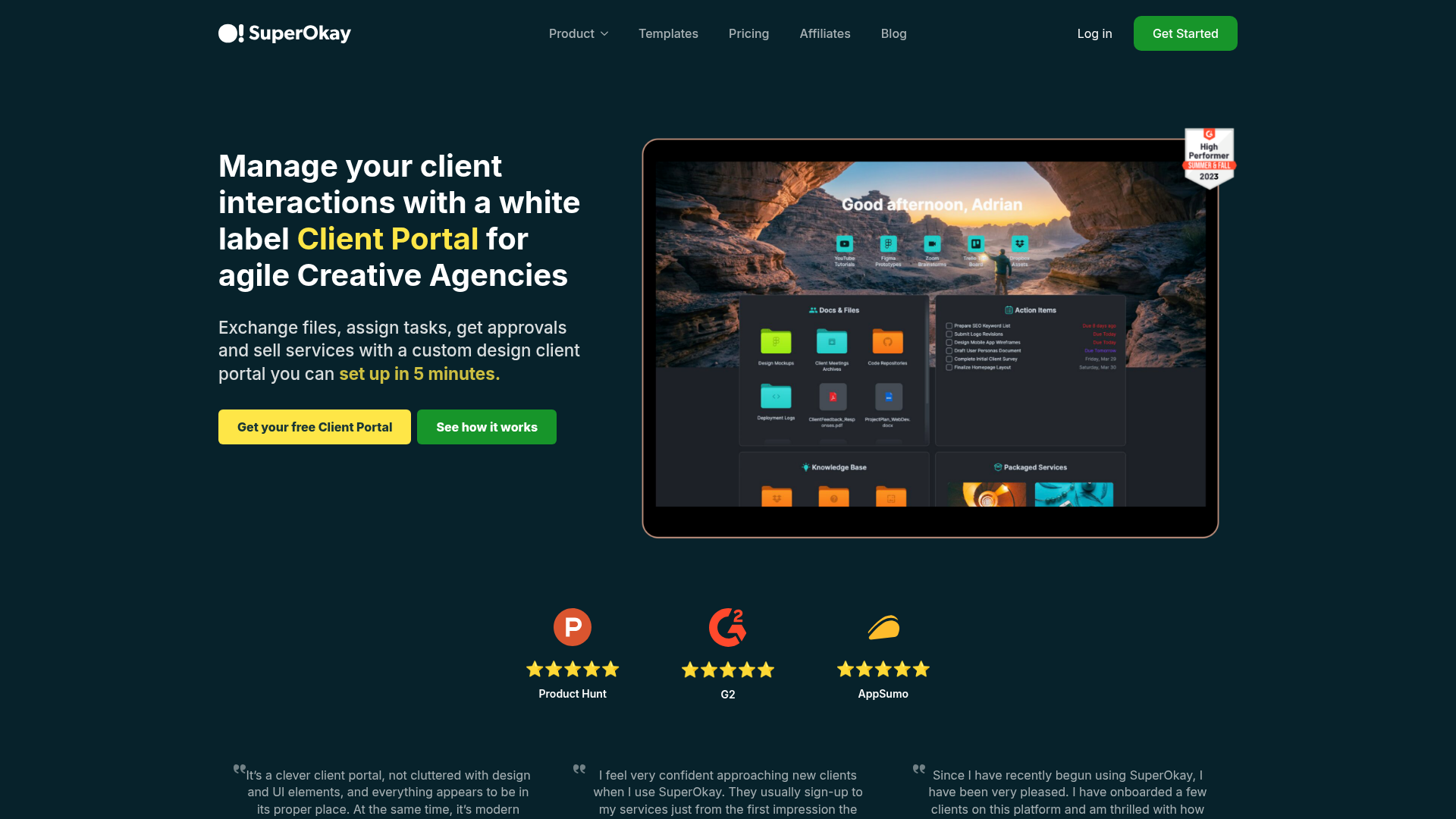 SuperOkay client portal homepage screenshot