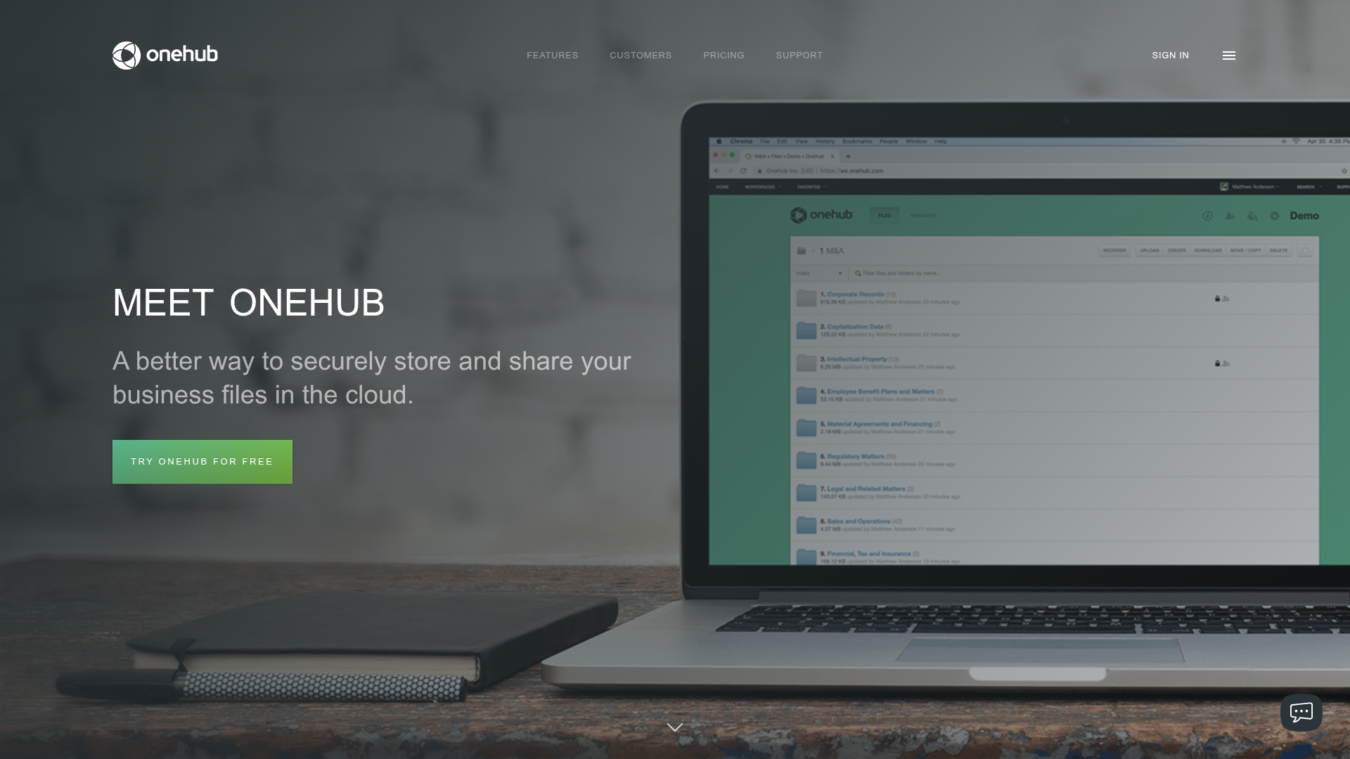 Onehub client portal homepage screenshot