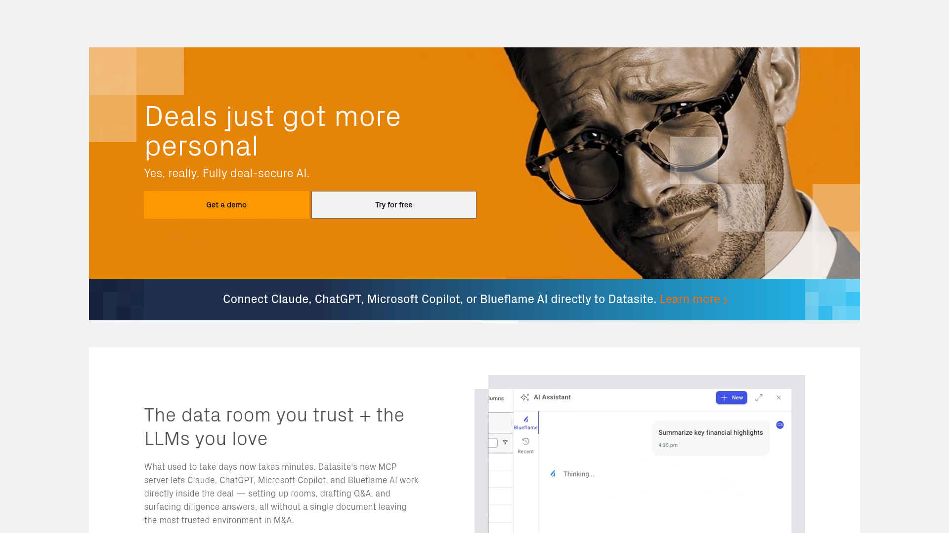 Datasite homepage and data room product