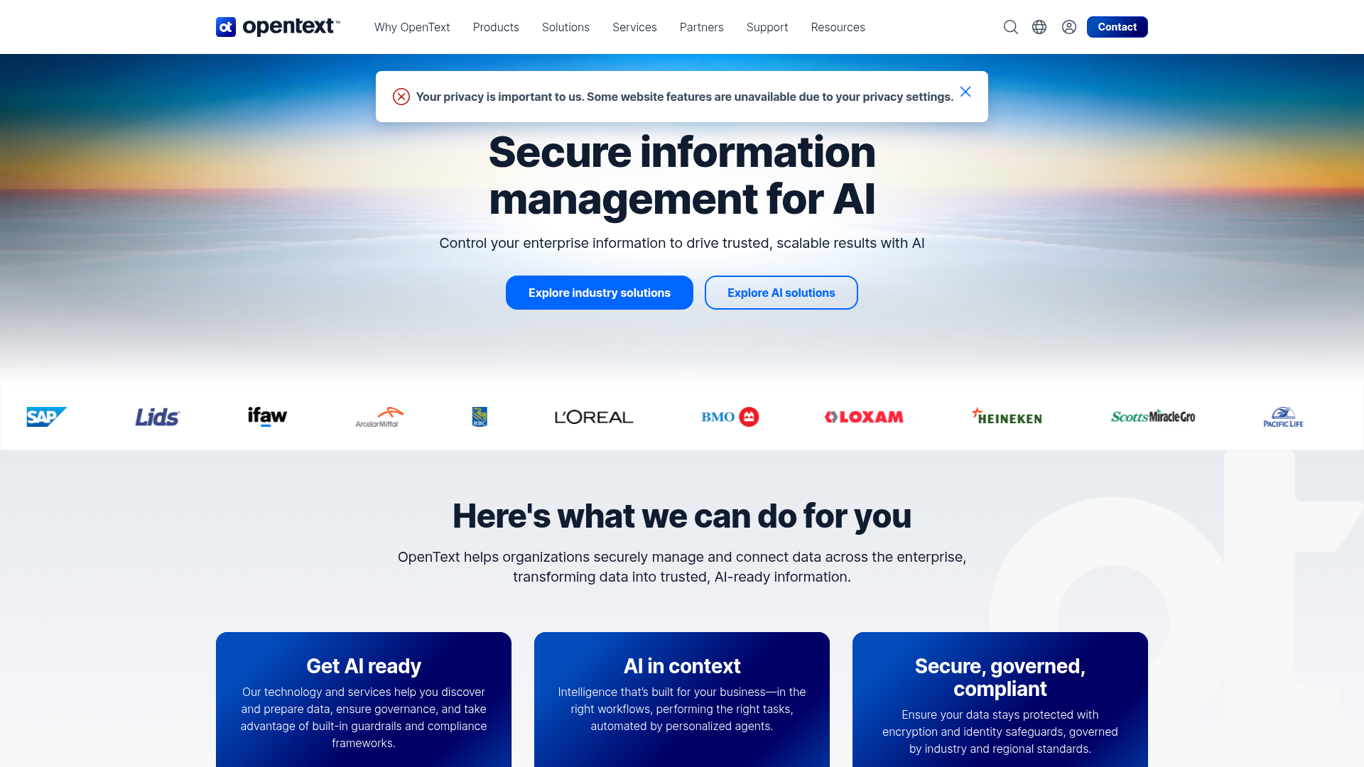 OpenText information management platform homepage