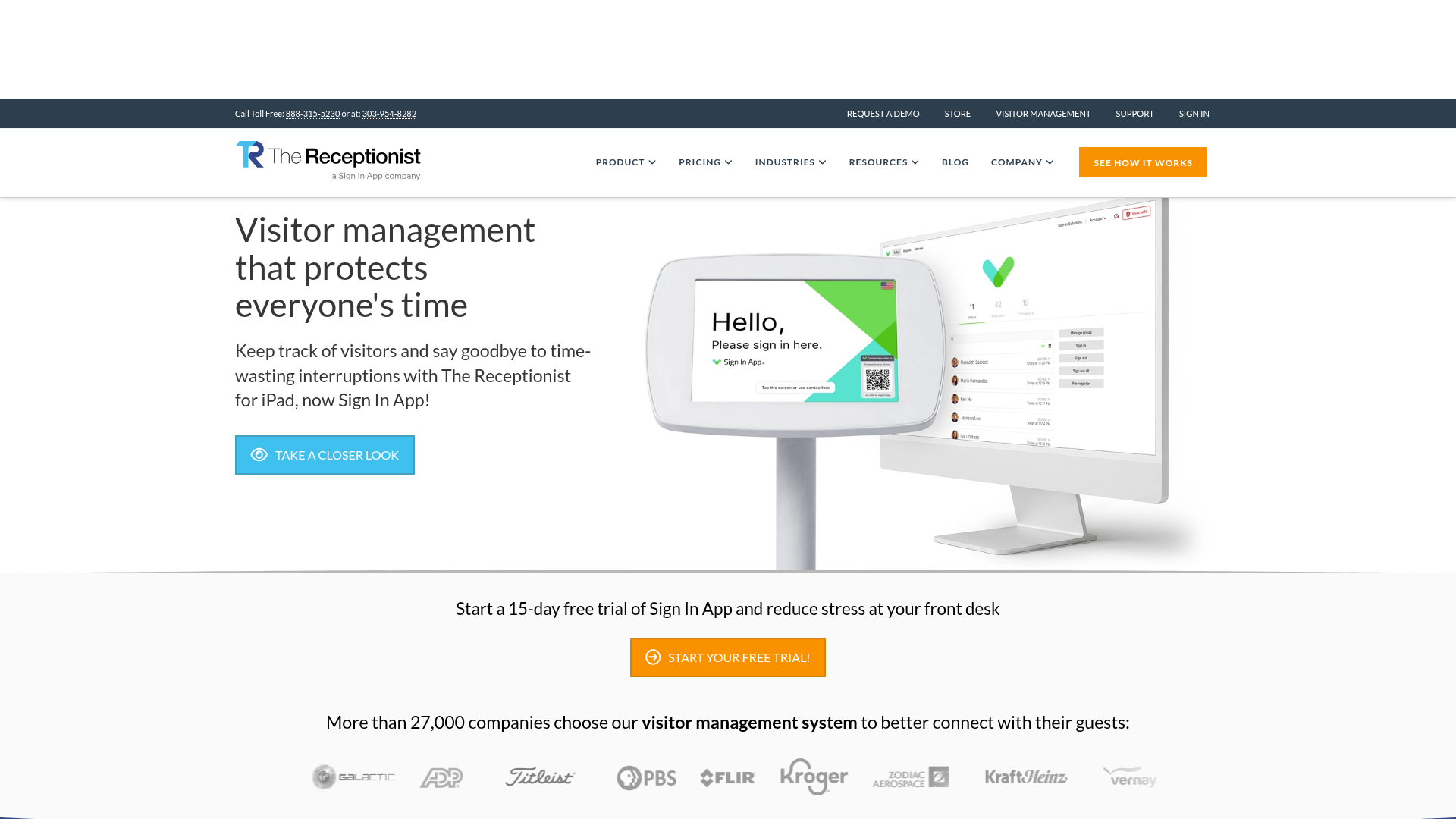 The Receptionist iPad visitor management screen