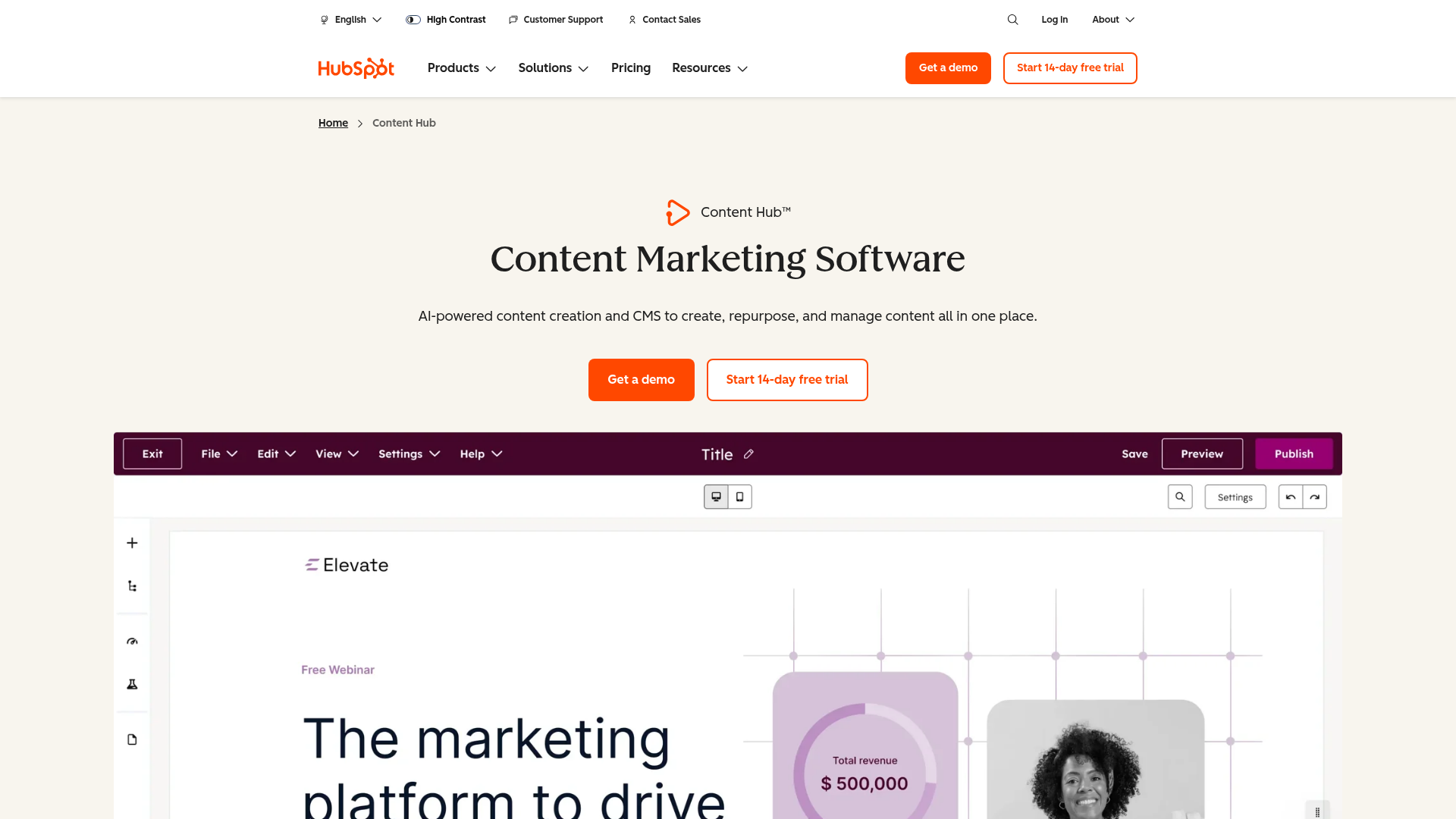 HubSpot Content Hub homepage screenshot