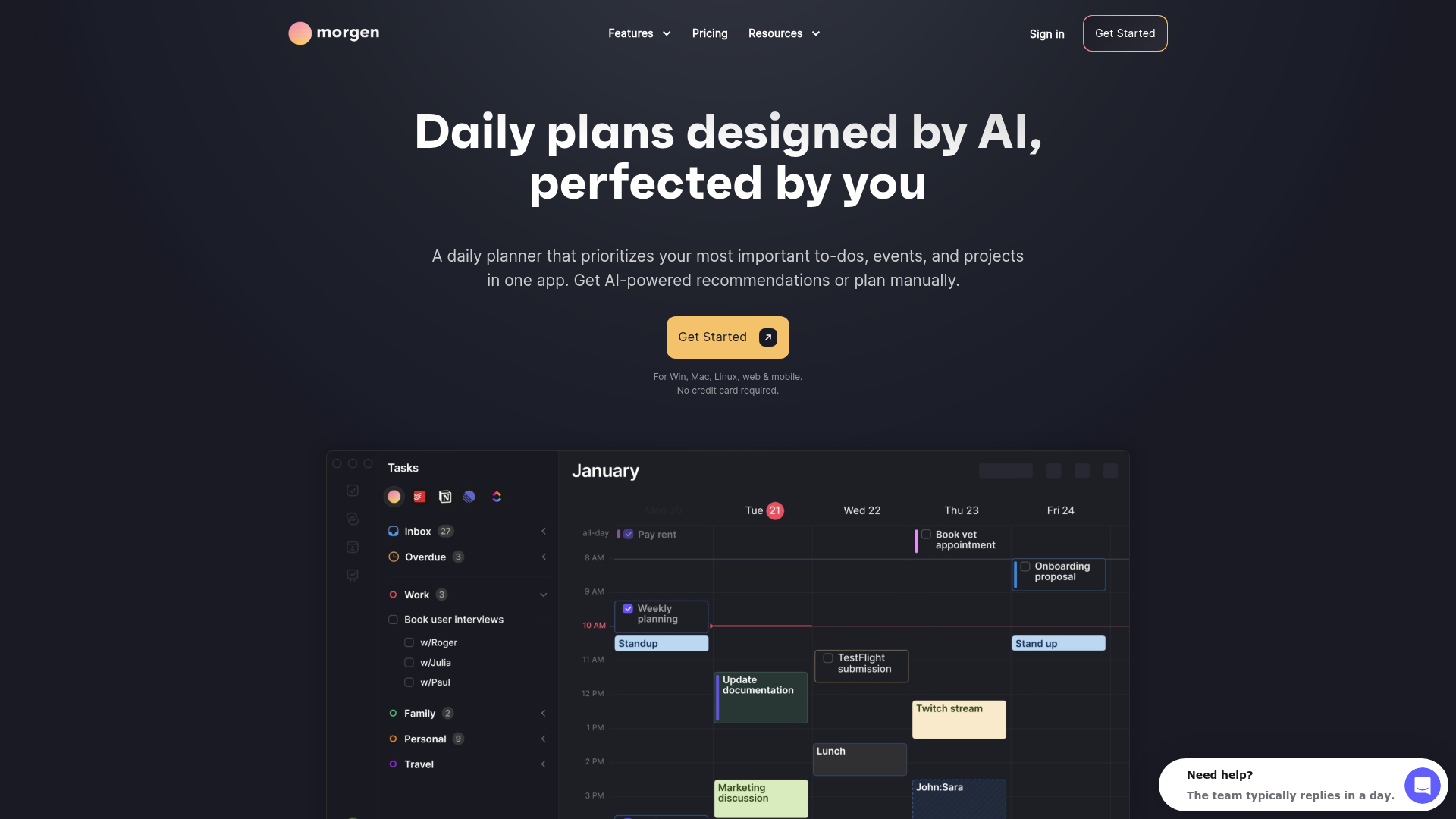 Morgen Calendar multi-calendar planner and time-blocking interface