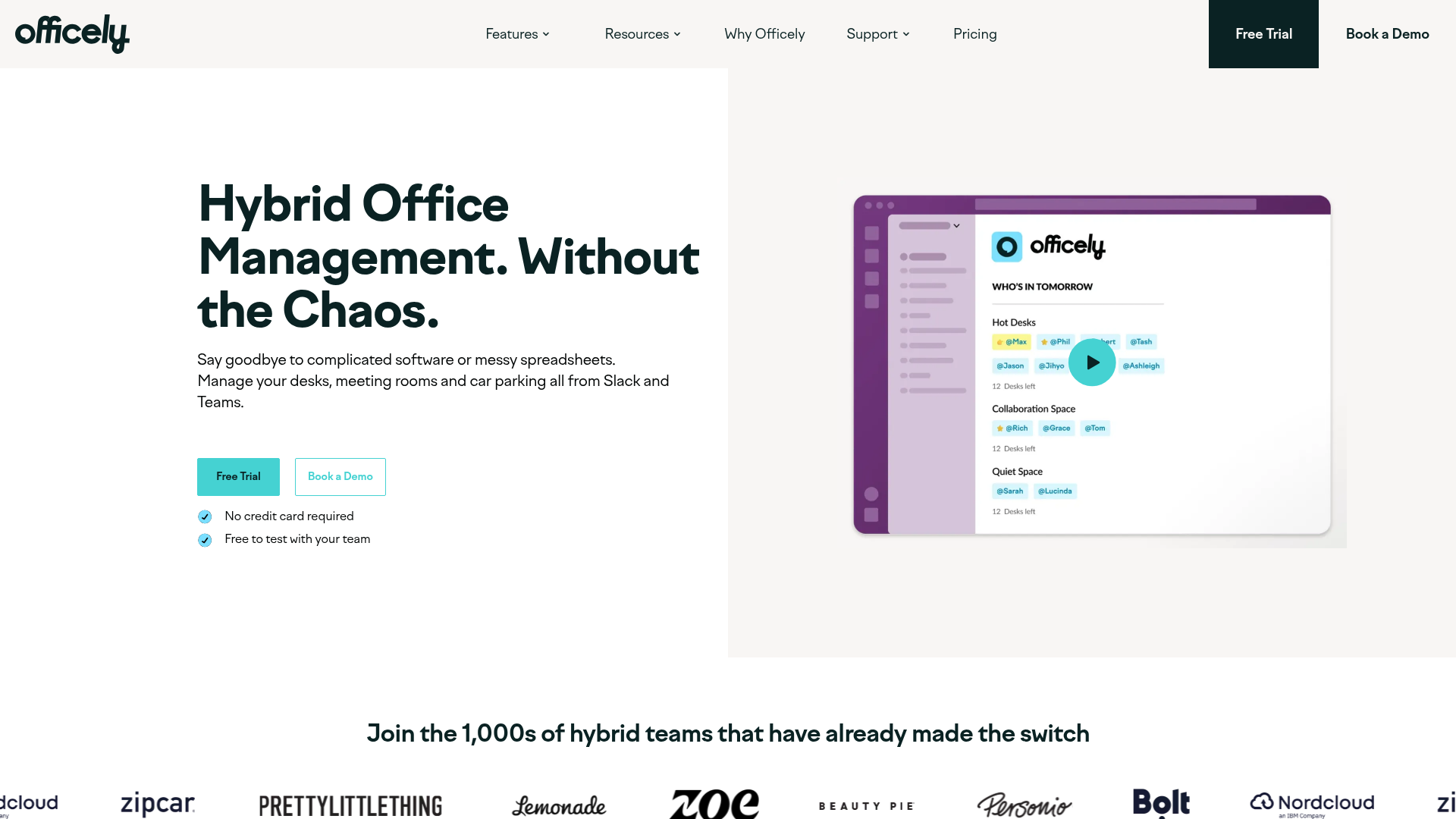 Officely Slack and Teams-native office booking showing desk and room availability