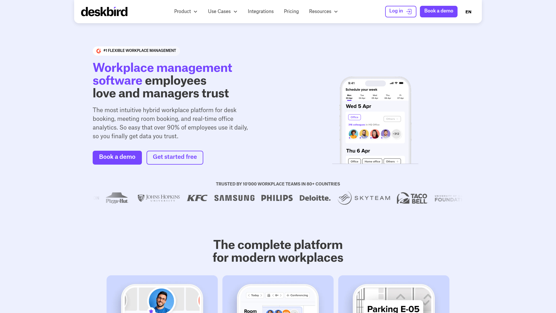 deskbird mobile-first hybrid workplace platform showing desk and room booking