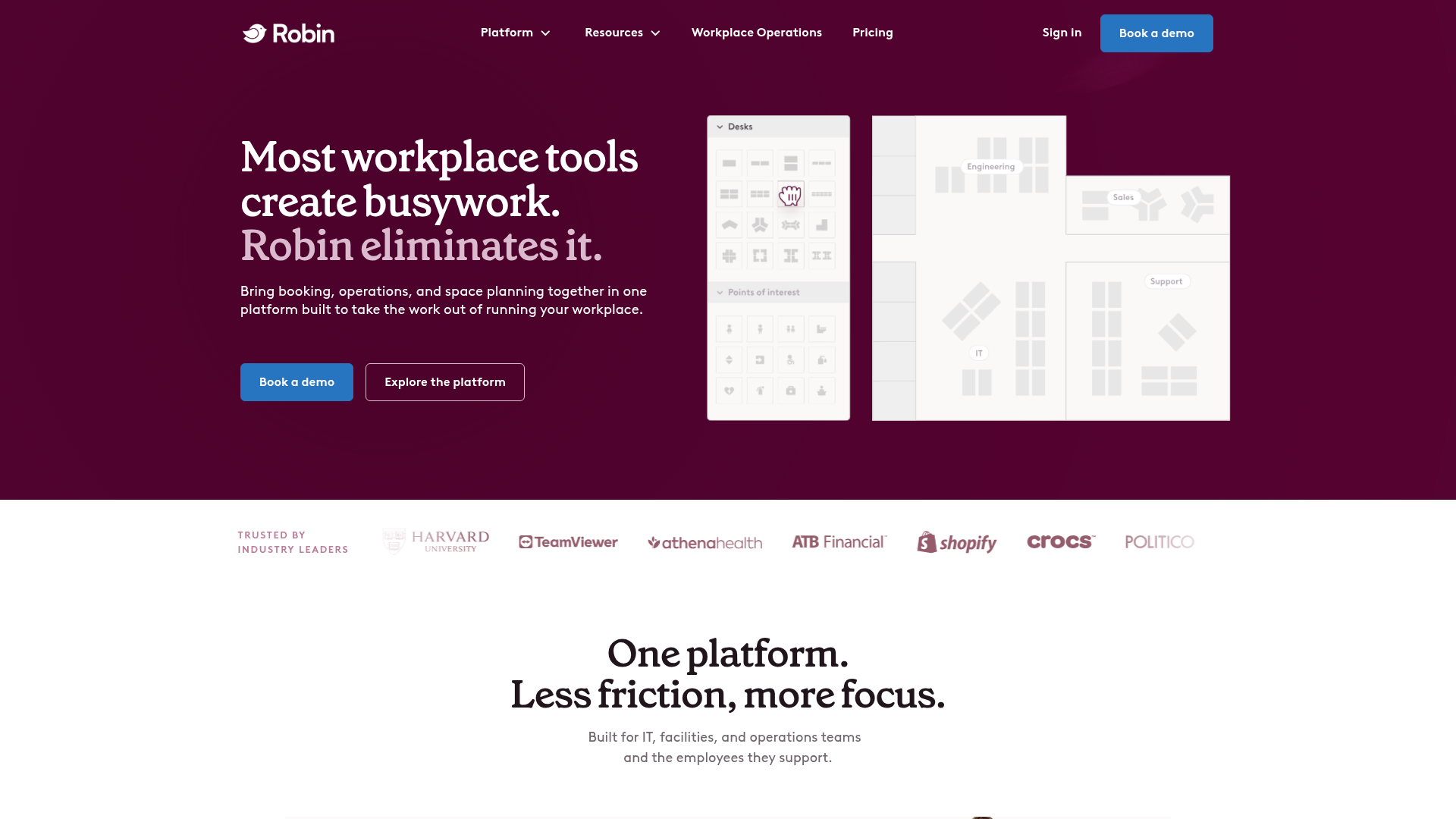Robin workplace operations platform showing desk and room booking for hybrid offices