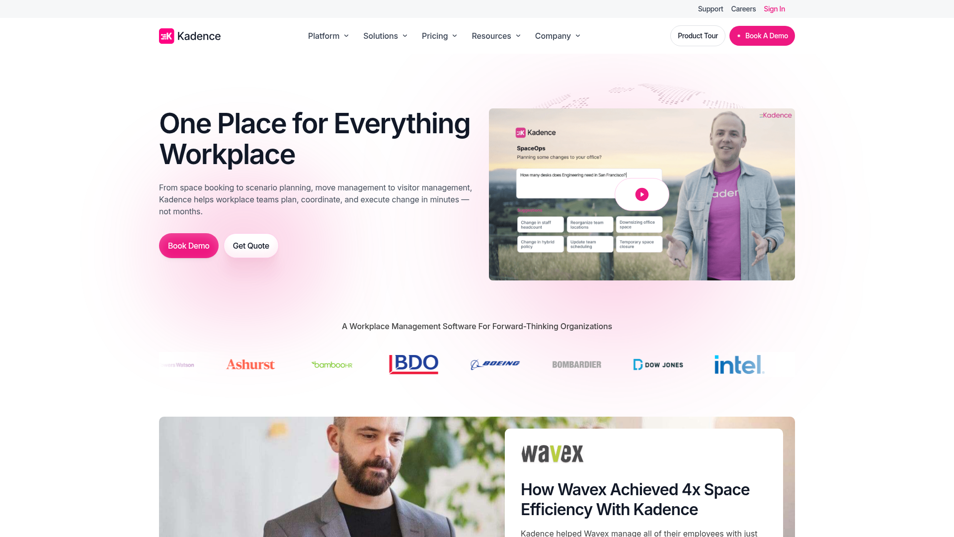 Kadence workplace operations platform showing team coordination and room booking
