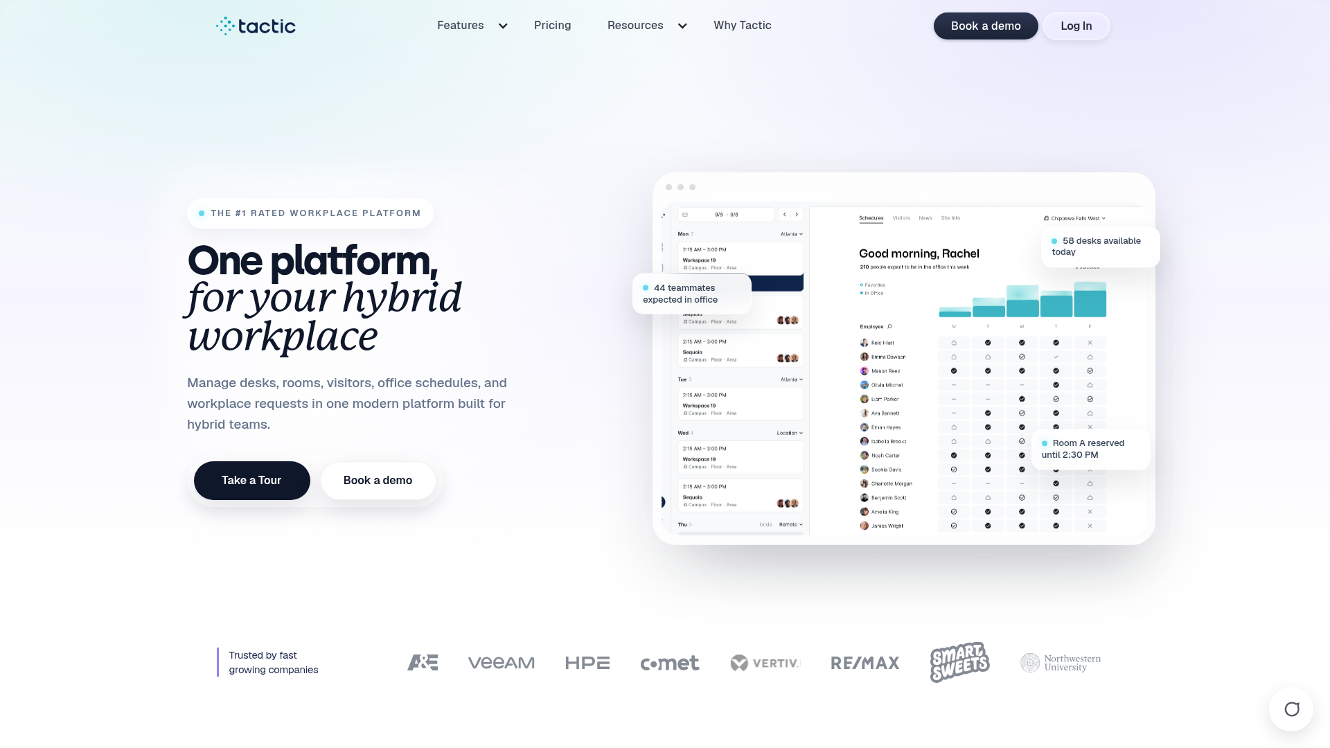 Tactic workplace experience platform showing desk booking and room scheduling