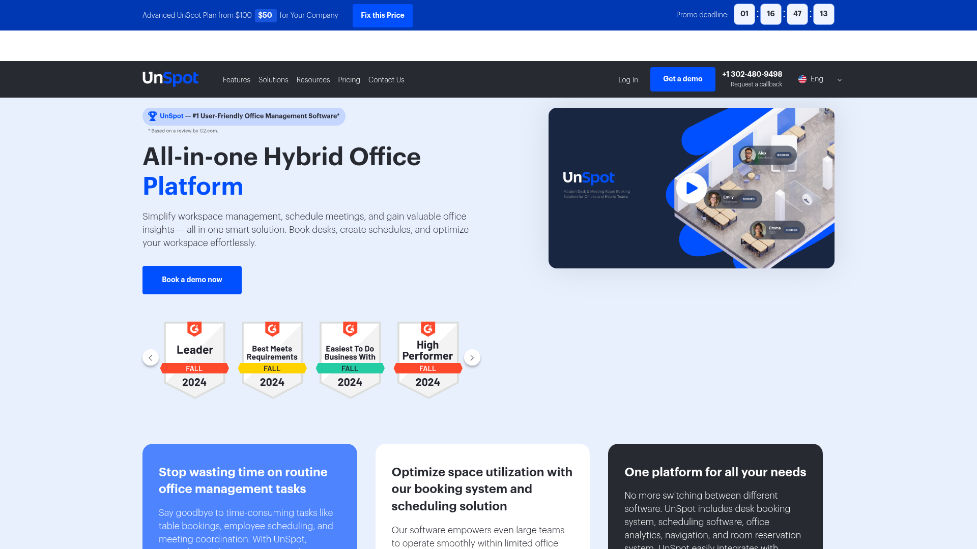 UnSpot hybrid office platform showing desk booking, room booking, and navigation