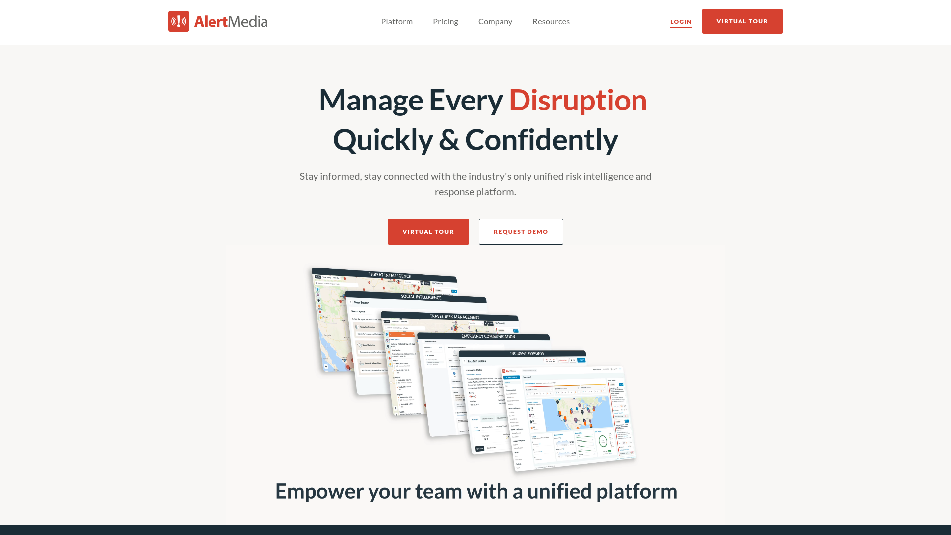 AlertMedia threat intelligence and notification dashboard.