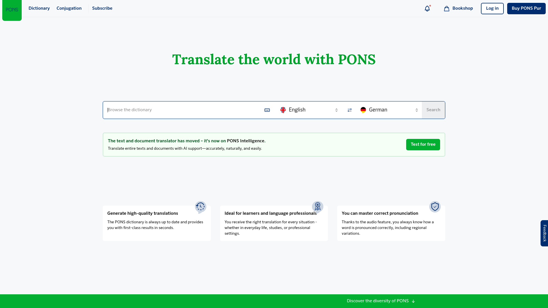 PONS Translator machine translation software interface