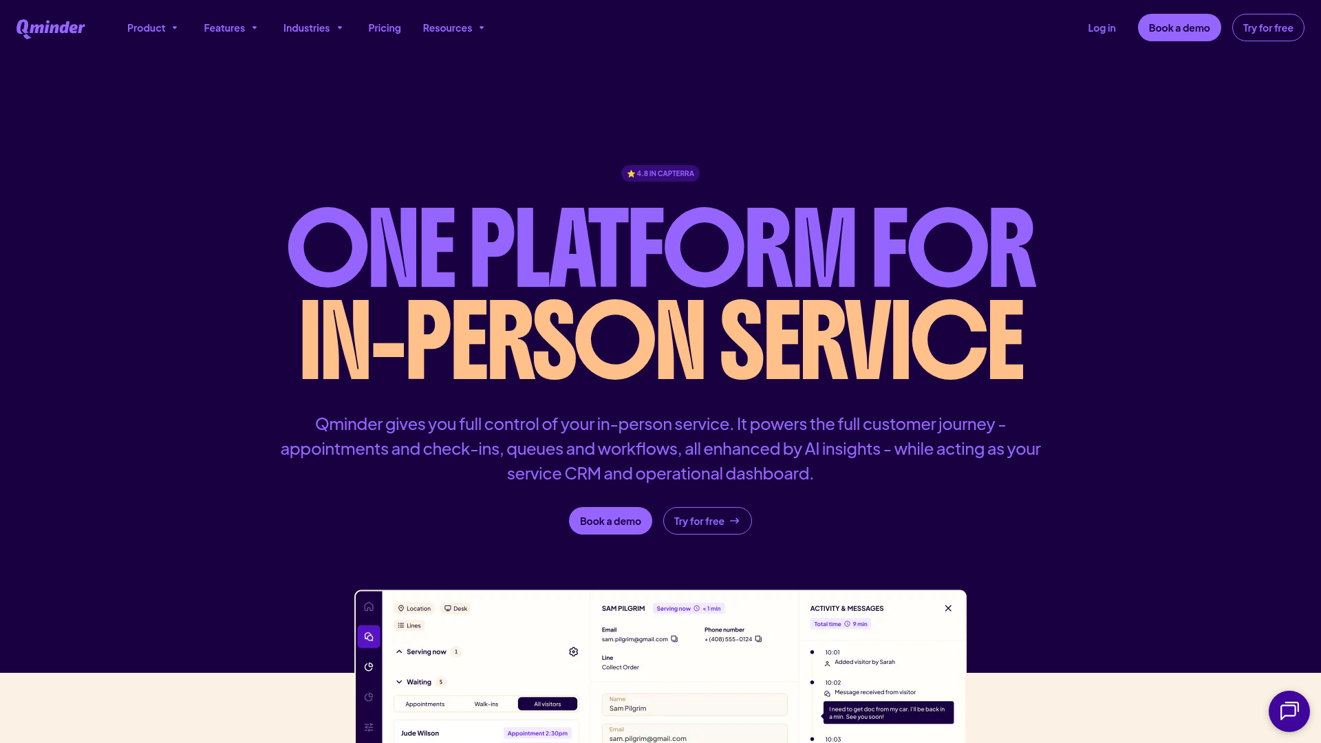 Qminder queue management software showing check-in and service dashboard