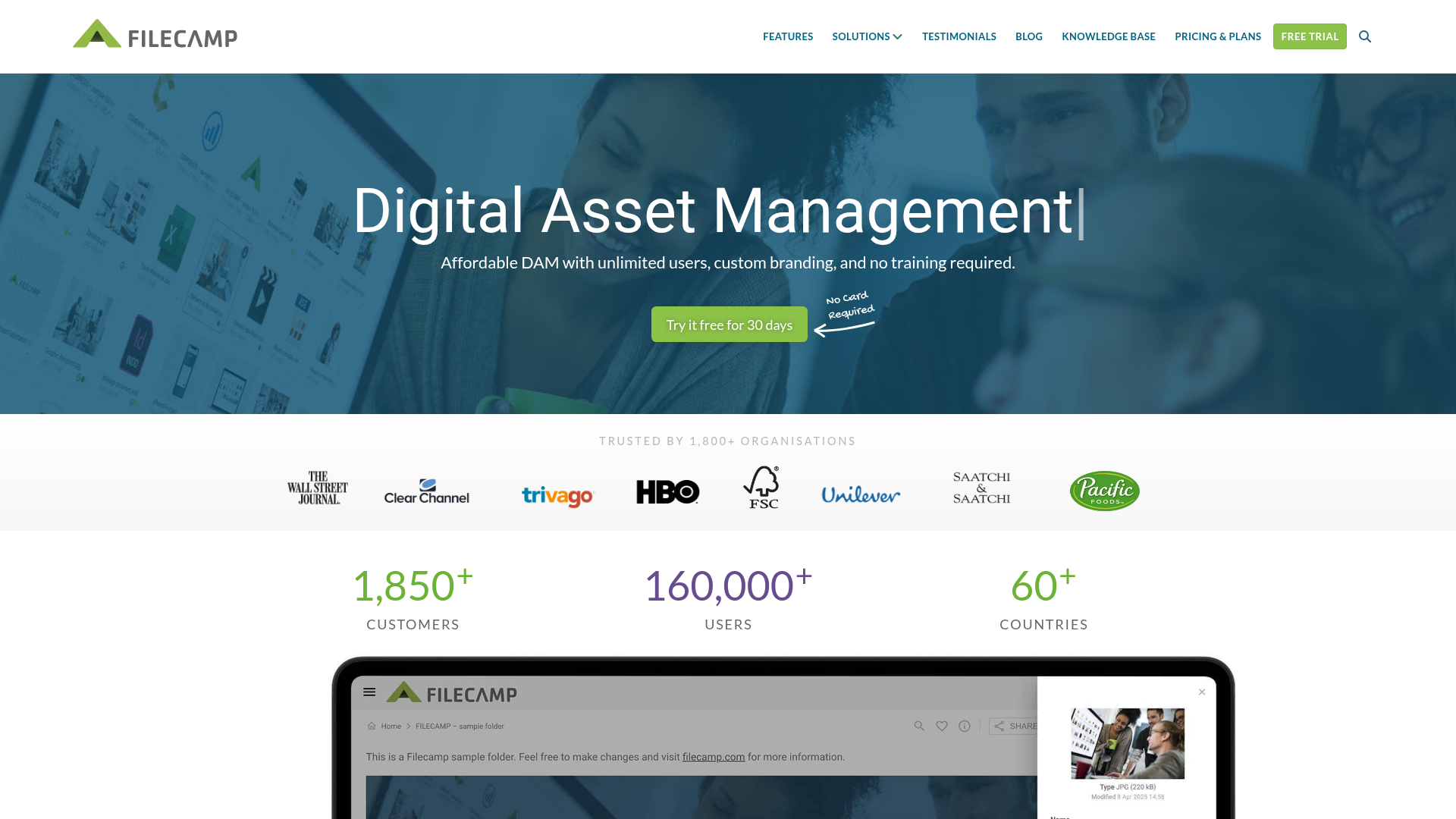 Filecamp cloud digital asset management platform homepage