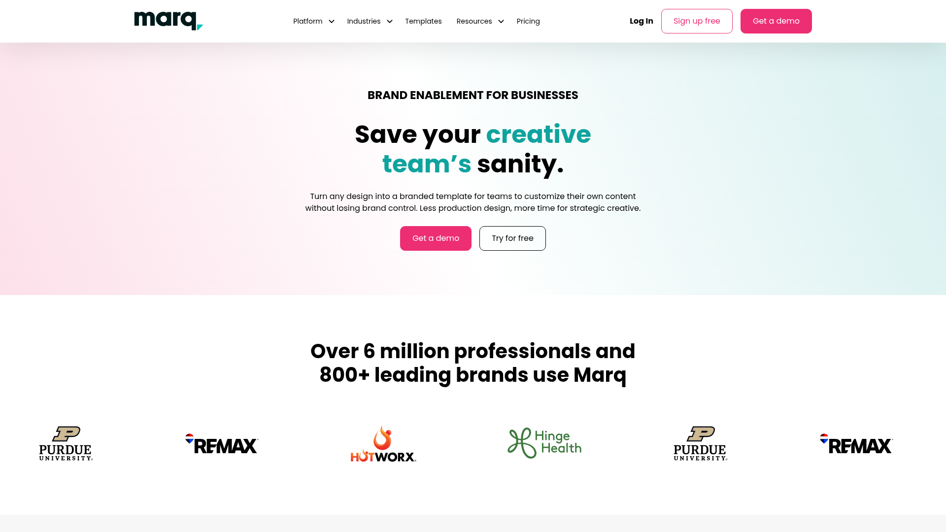 Marq brand enablement and templating platform homepage