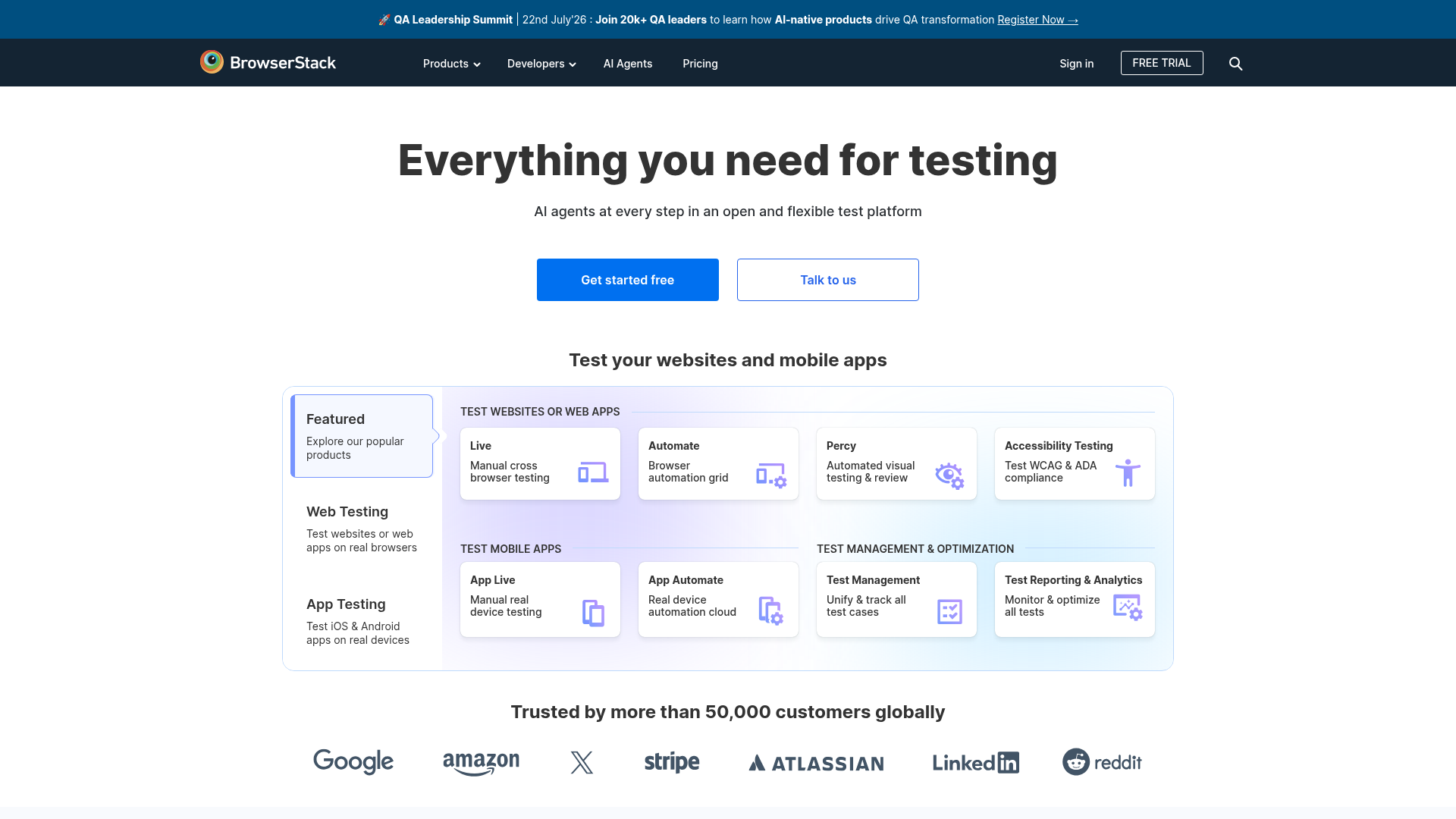 BrowserStack testing platform homepage
