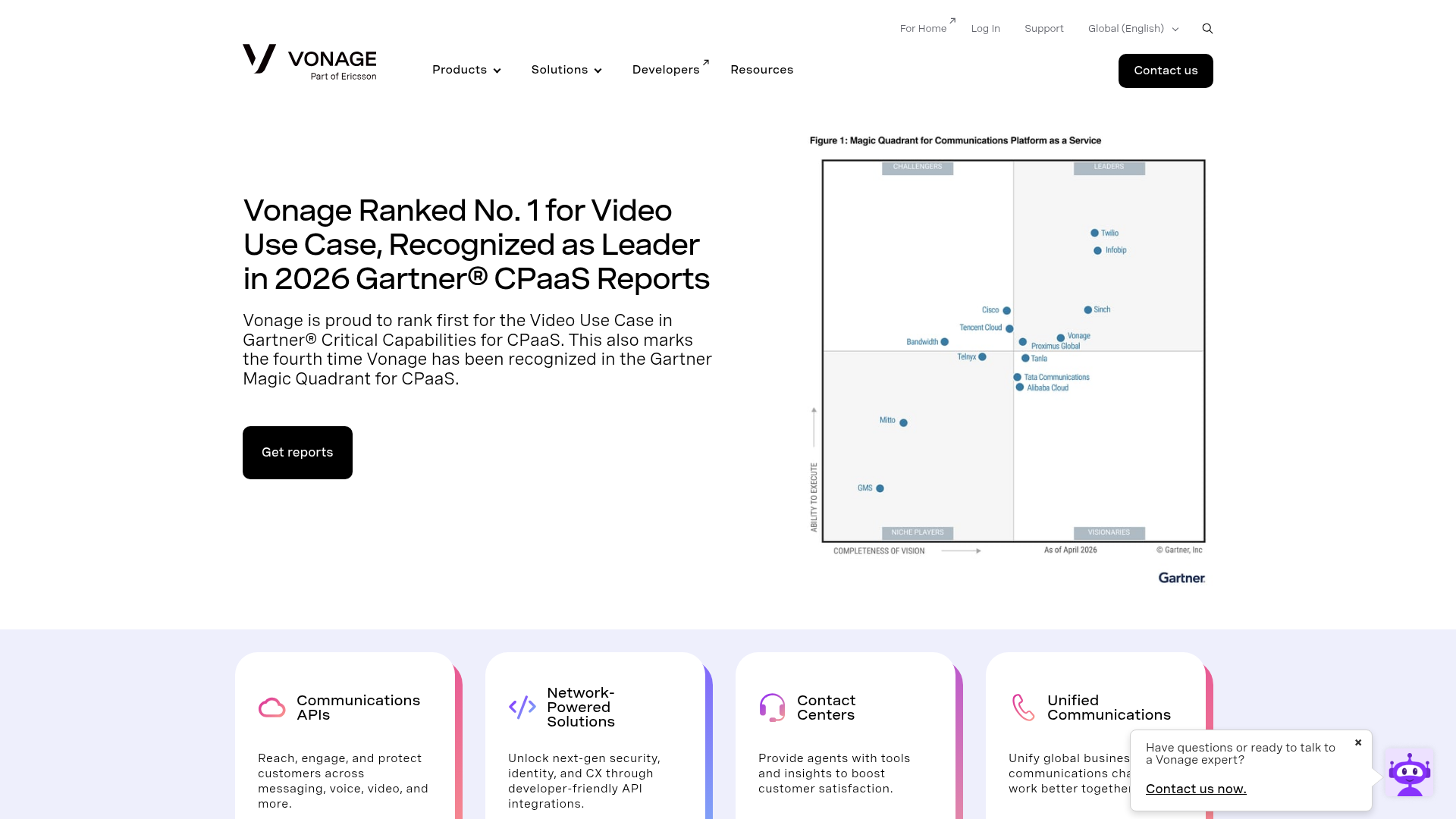 Vonage business communications platform homepage