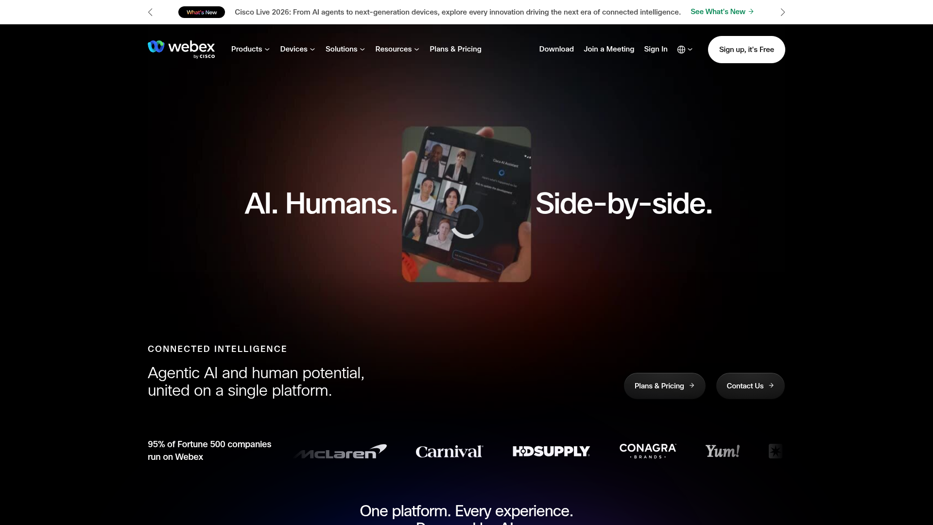 Webex by Cisco collaboration platform homepage