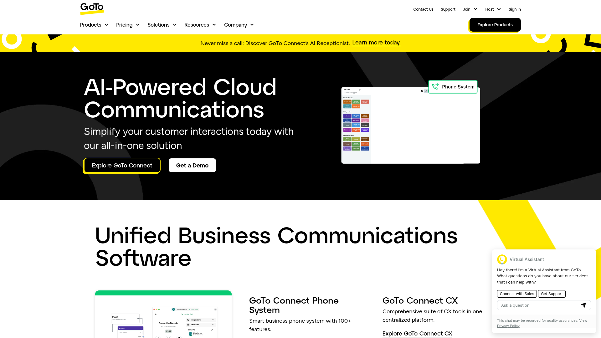 GoTo Connect cloud communications platform homepage
