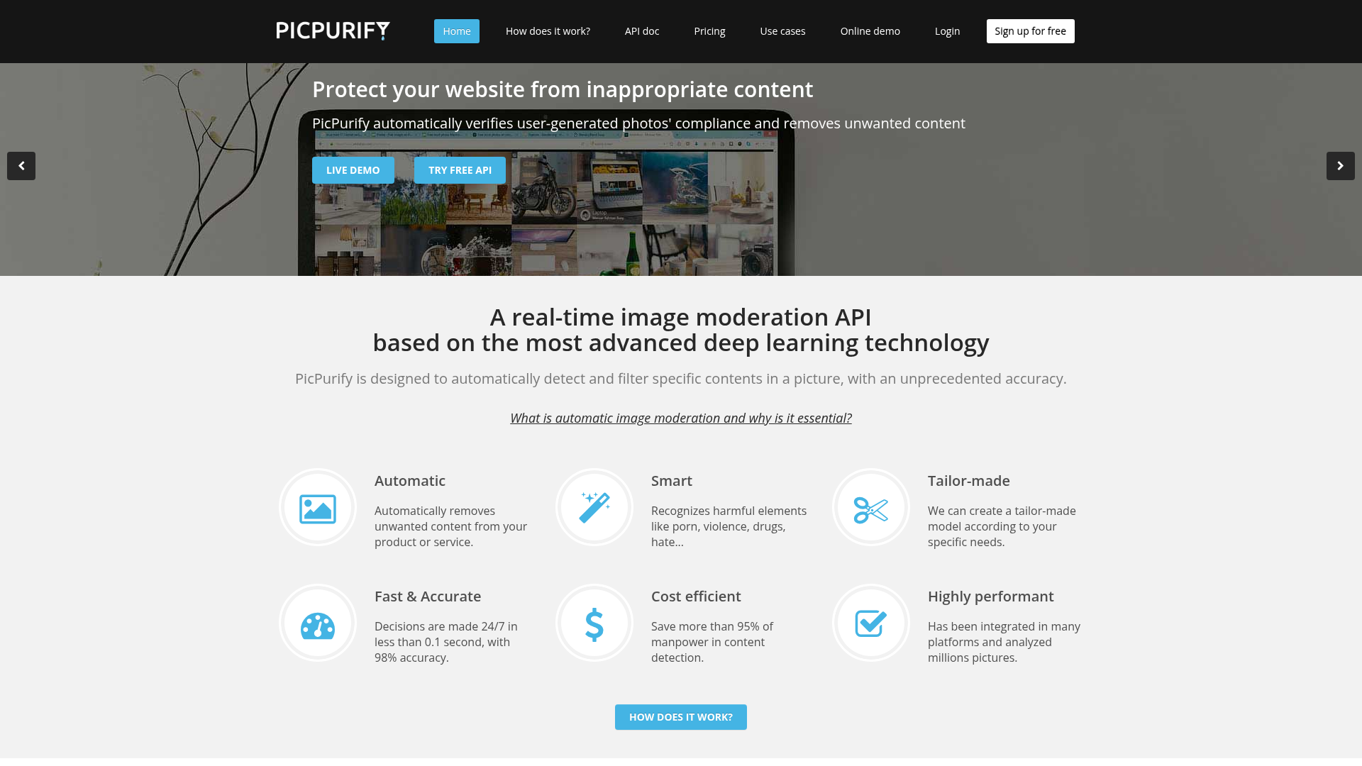PicPurify real-time image moderation API homepage