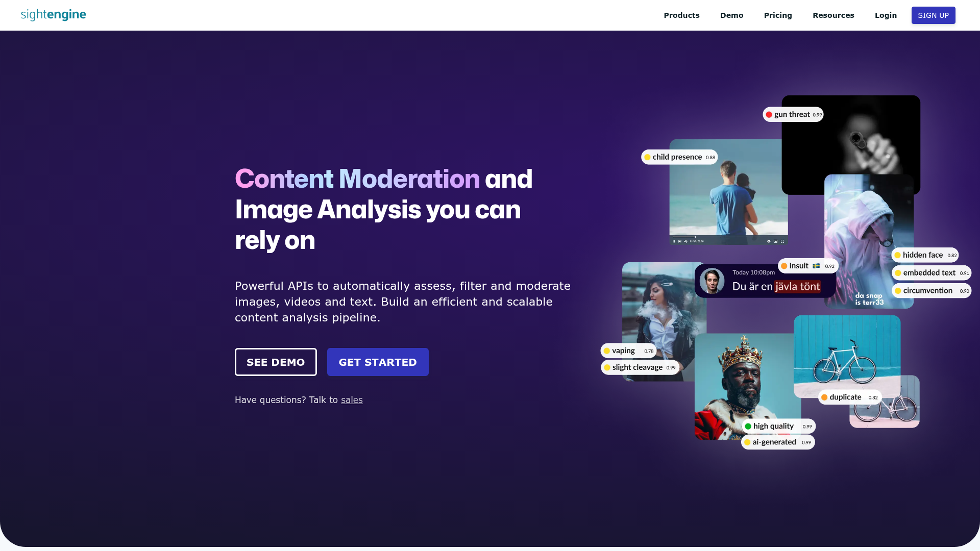 Sightengine image and video moderation API homepage