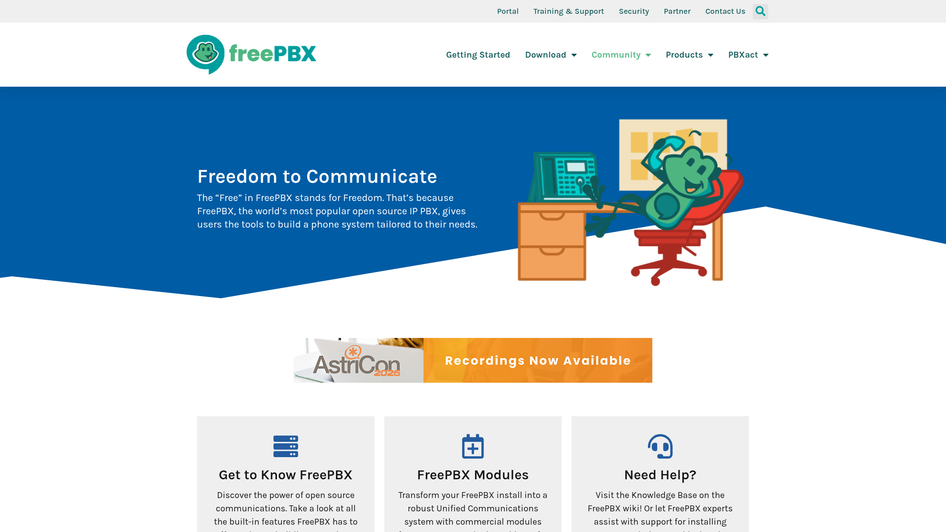FreePBX open-source IP PBX platform homepage