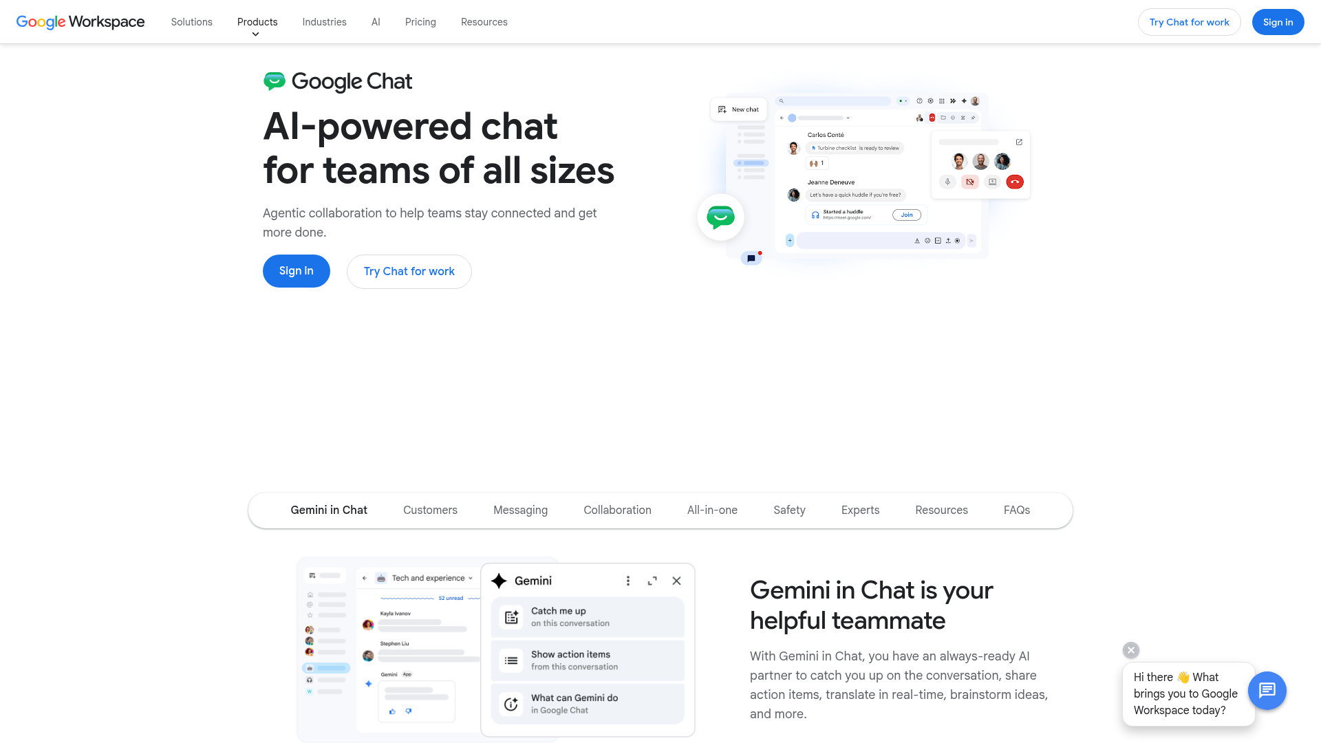 Google Chat team messaging software homepage